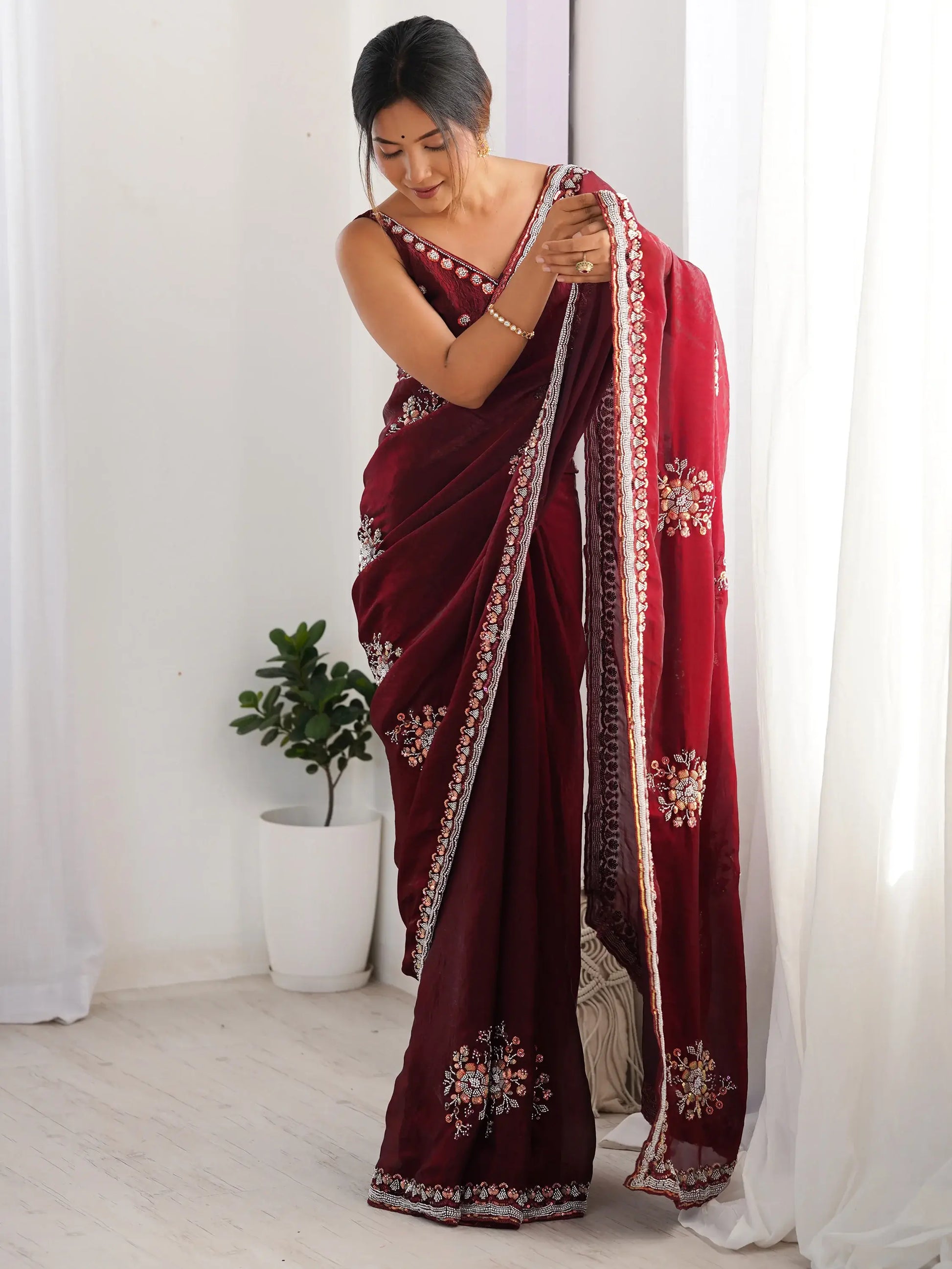 Delightful Wine Beads Work Satin Party Wear Saree With Blouse - Zeel Clothing