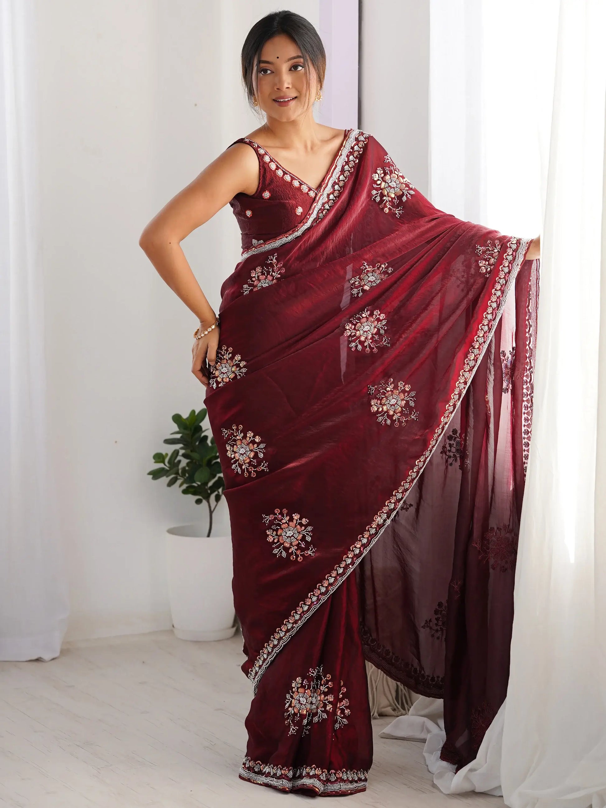 Delightful Wine Beads Work Satin Party Wear Saree With Blouse - Zeel Clothing