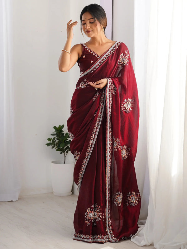 Delightful Wine Beads Work Satin Party Wear Saree With Blouse - Zeel Clothing