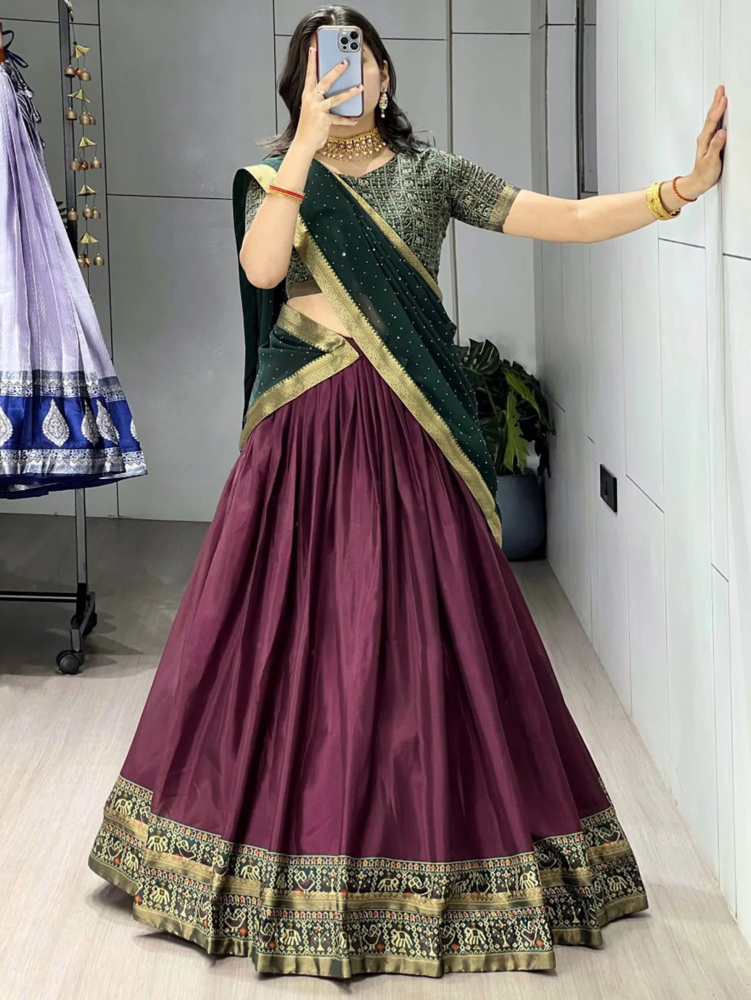 Delightful Wine Patola Printed Cotton Half Saree Party Wear Lehenga