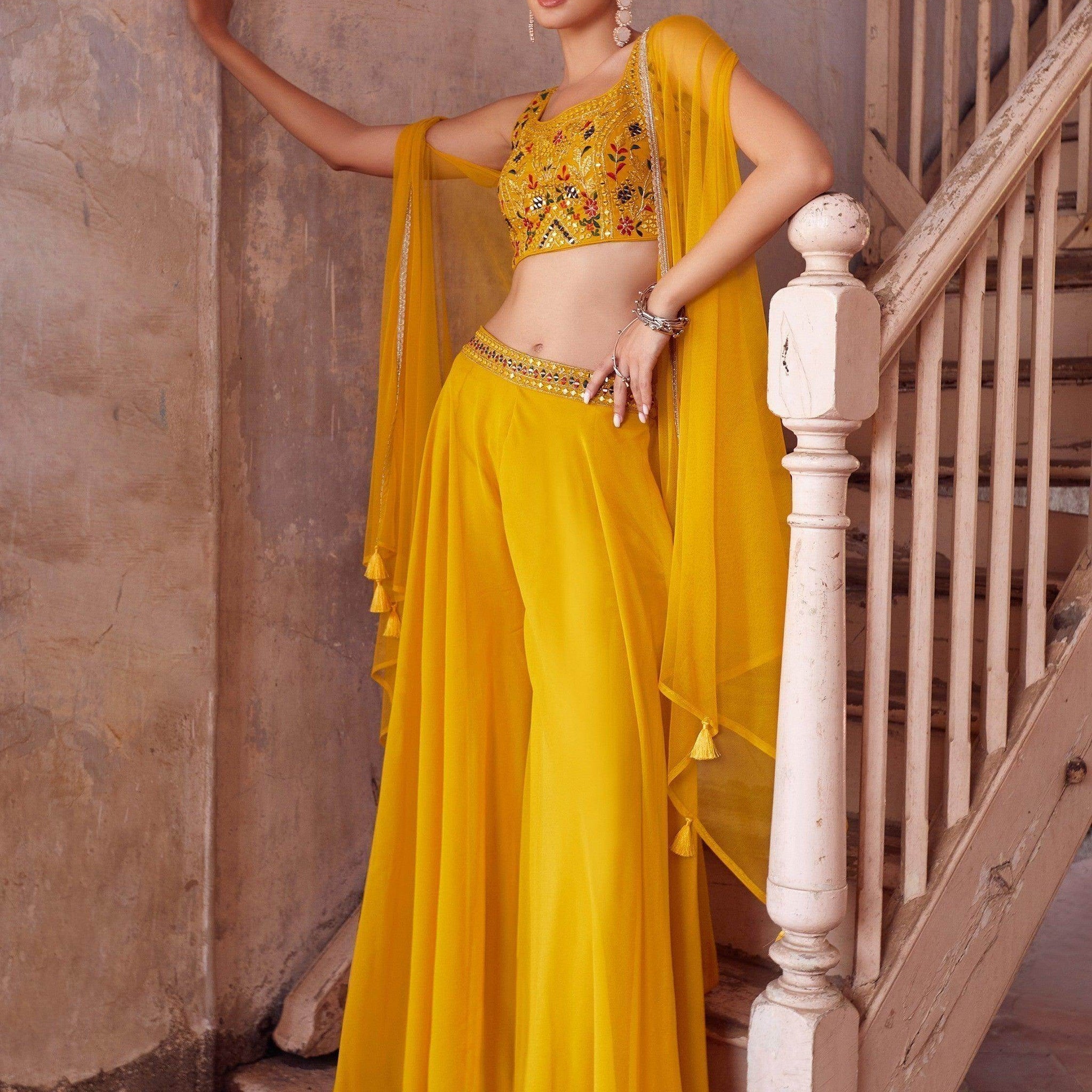 Delightful Yellow Embroidered Georgette Haldi Wear Crop Top Palazzo - Zeel Clothing