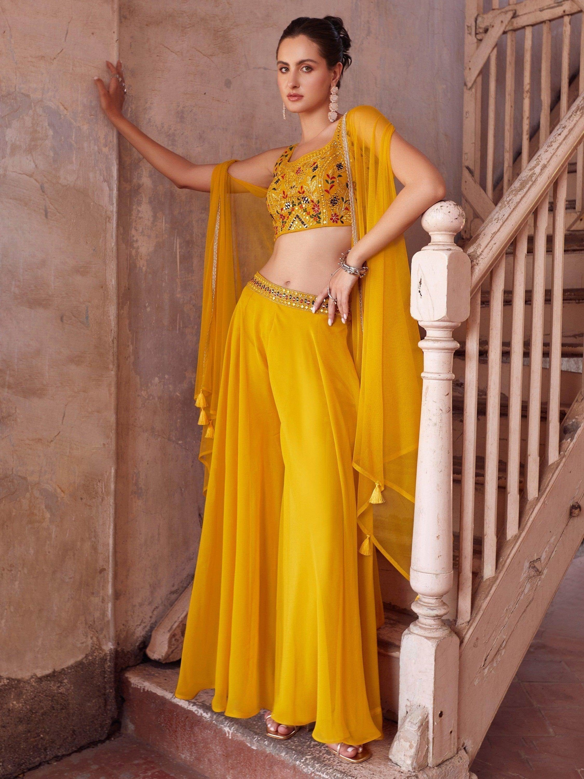 Delightful Yellow Embroidered Georgette Haldi Wear Crop Top Palazzo - Zeel Clothing