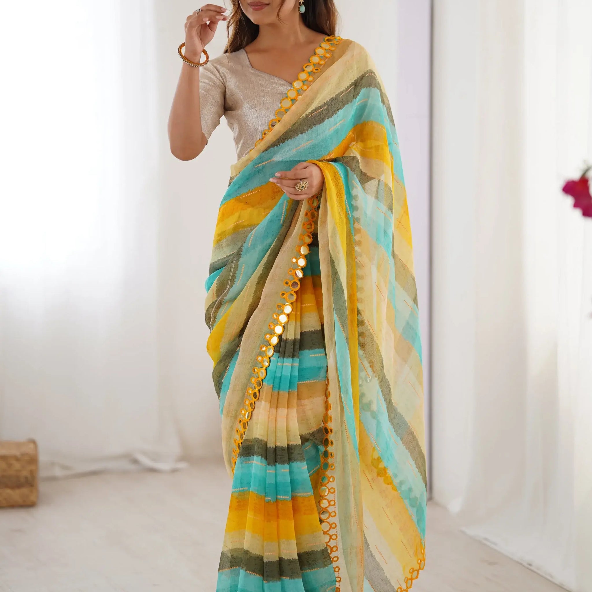 Delightful Yellow Leheriya Printed Chiffon Haldi Wear Saree - Zeel Clothing