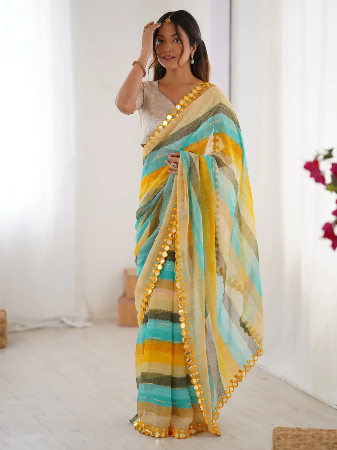 Delightful Yellow Leheriya Printed Chiffon Haldi Wear Saree - Zeel Clothing