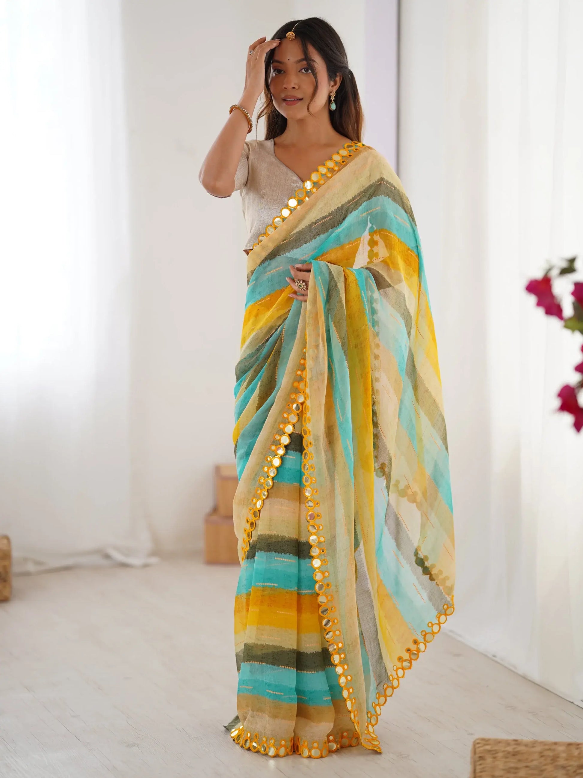 Delightful Yellow Leheriya Printed Chiffon Haldi Wear Saree - Zeel Clothing
