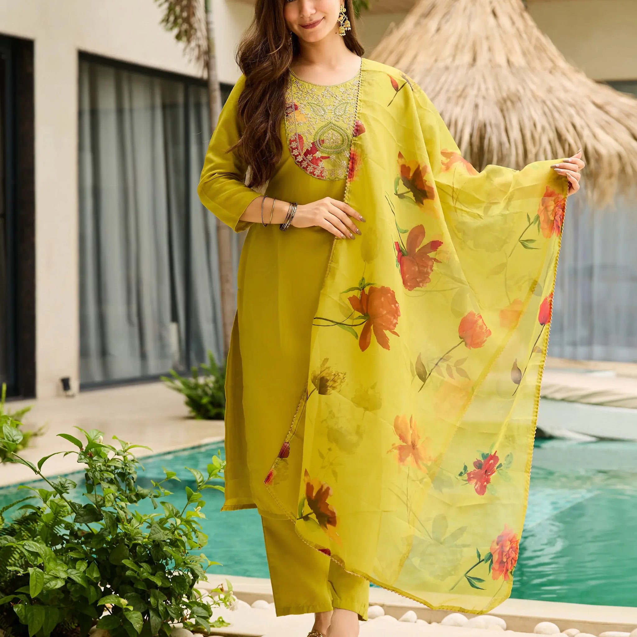 Deluxe Yellow Thread Work Rayon Haldi Wear Pant Suit With Dupatta - Zeel Clothing