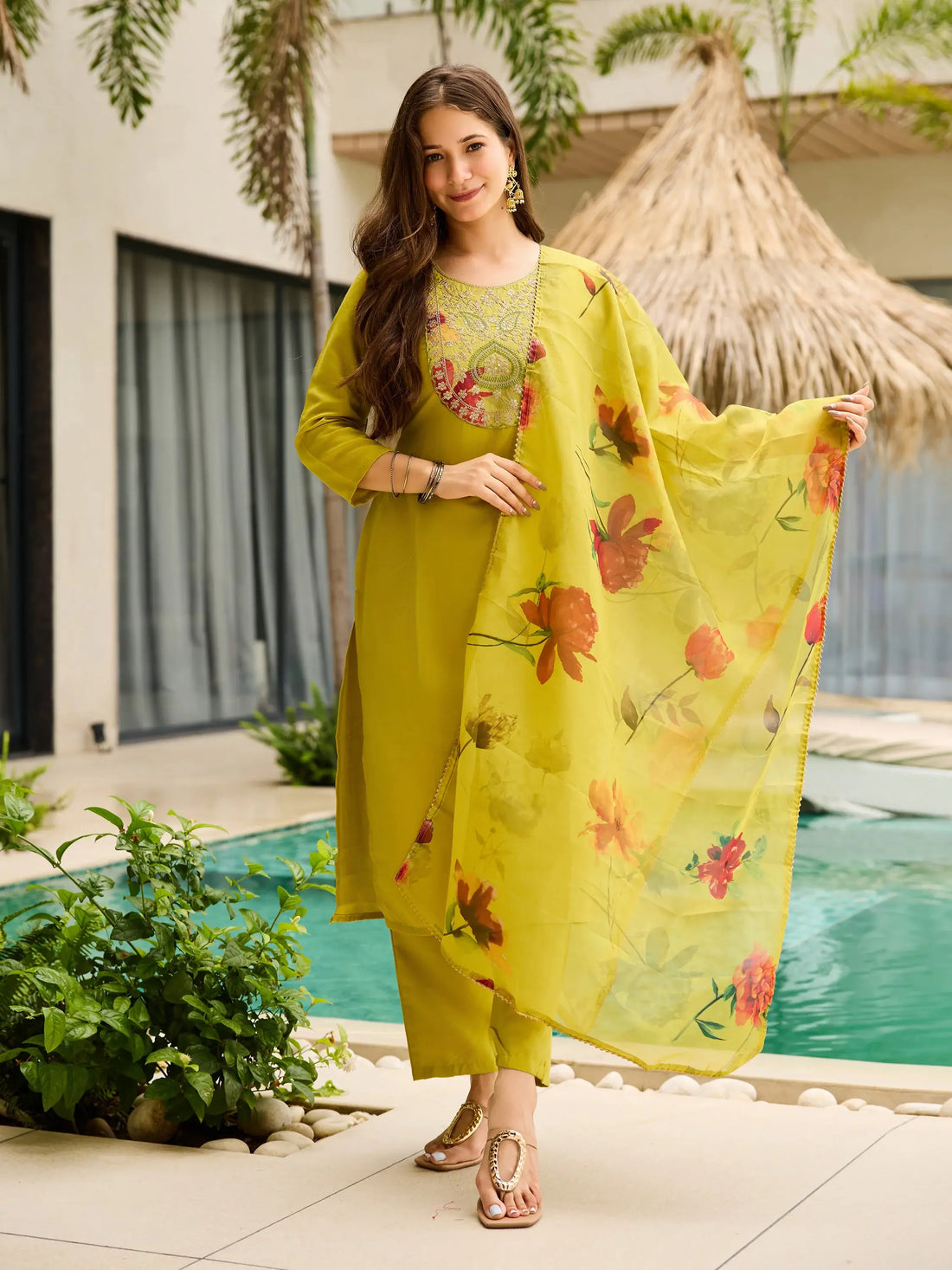 Deluxe Yellow Thread Work Rayon Haldi Wear Pant Suit With Dupatta - Zeel Clothing
