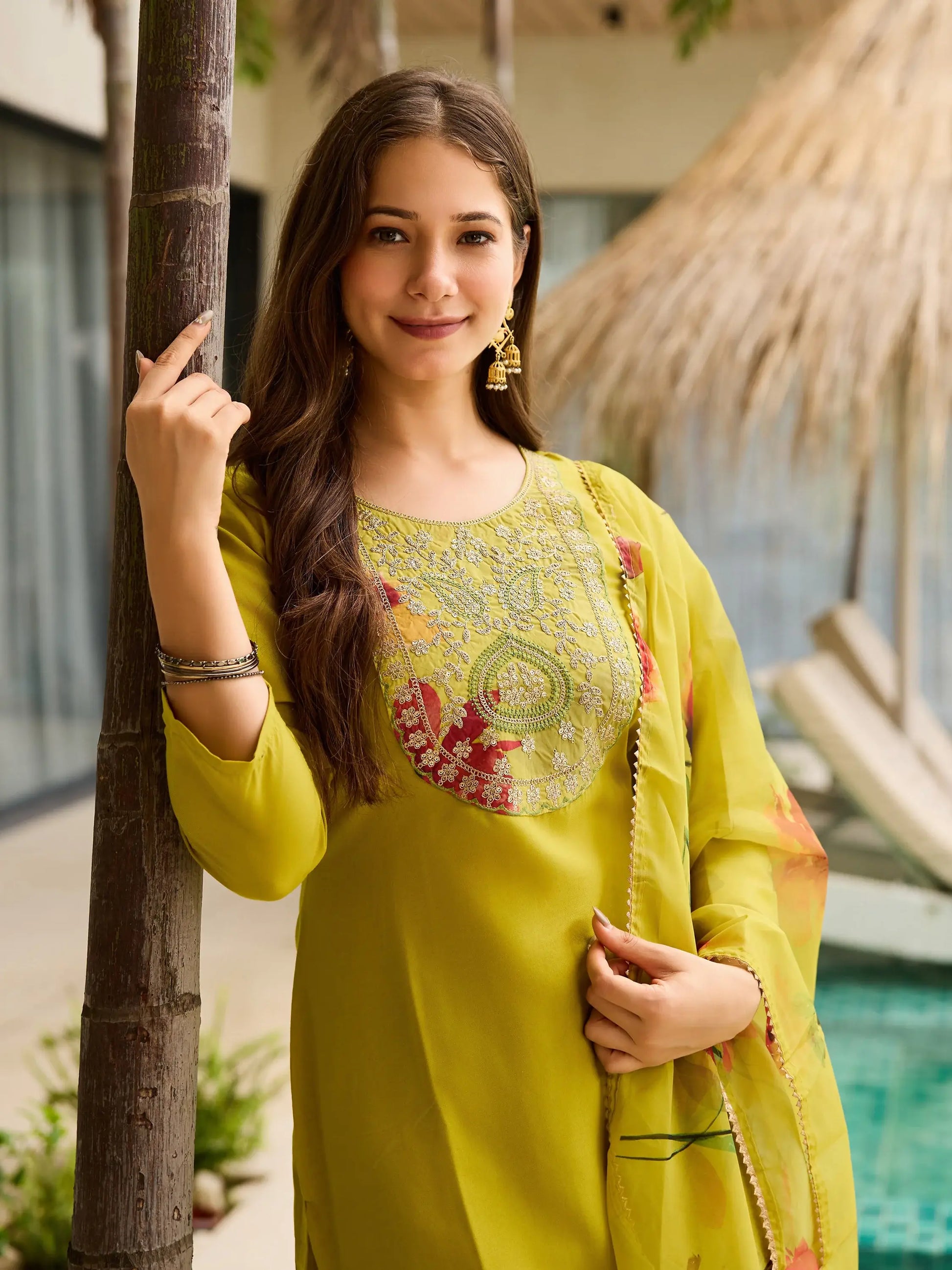 Deluxe Yellow Thread Work Rayon Haldi Wear Pant Suit With Dupatta - Zeel Clothing