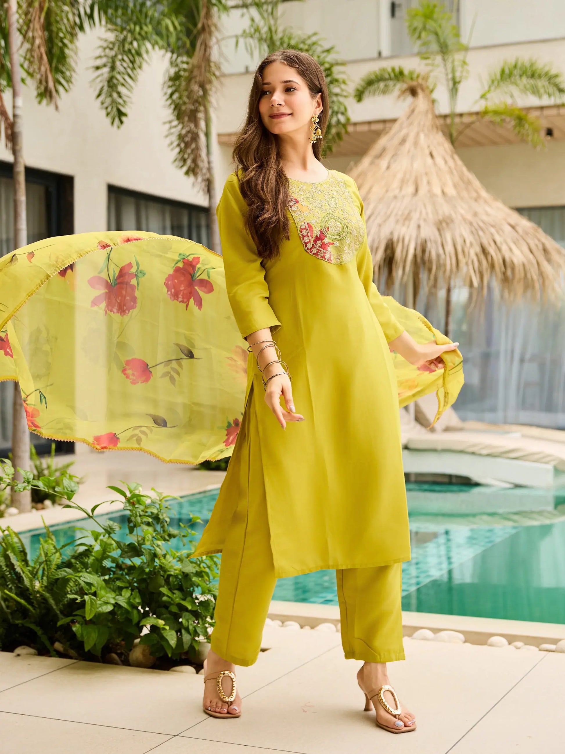 Deluxe Yellow Thread Work Rayon Haldi Wear Pant Suit With Dupatta - Zeel Clothing