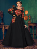 Black Anarkali with colorful embroidery, long sleeves, and flared skirt for women's ethnic wear