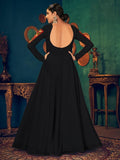 Black long sleeve gown with open back and colorful shoulder embroidery, elegant women's fashion