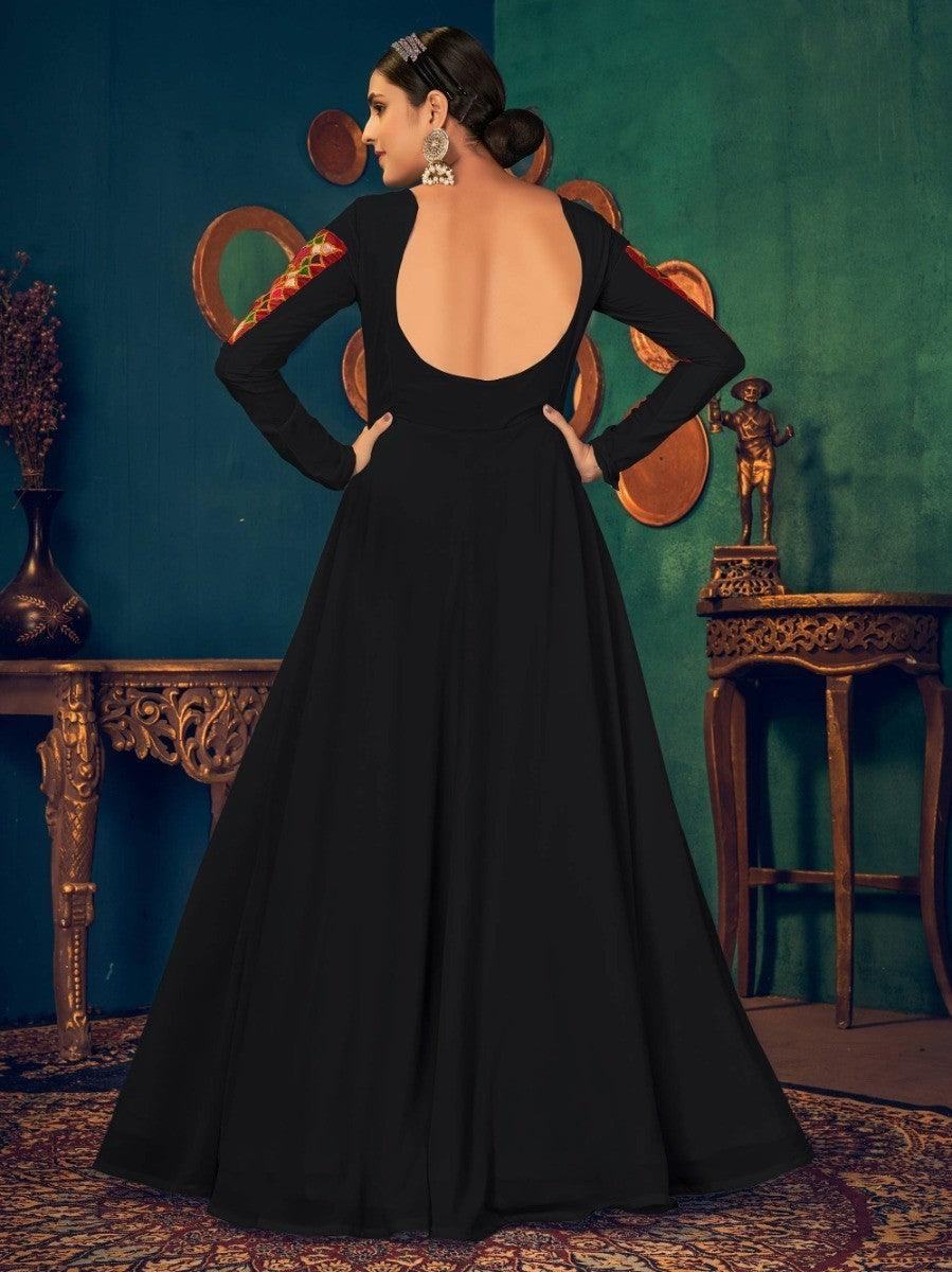 Black long sleeve gown with open back and colorful shoulder embroidery, elegant women's fashion