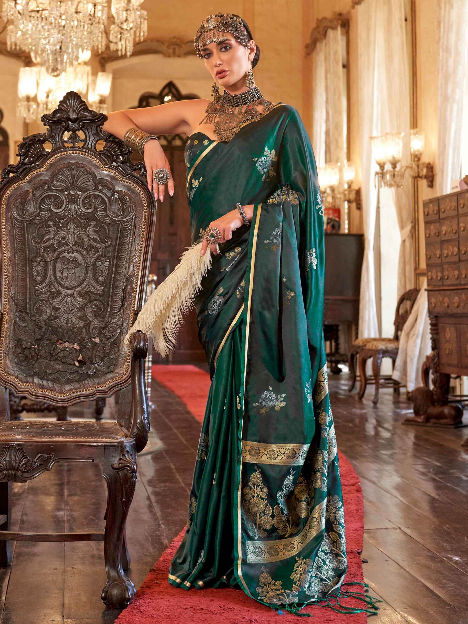 Desirable Dark Green Zari Weaving Satin Event Wear Saree With Blouse - Zeel Clothing
