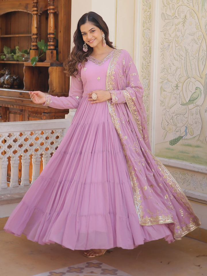 Desirable Lavender Embroidered Georgette Event Wear Gown With Dupatta