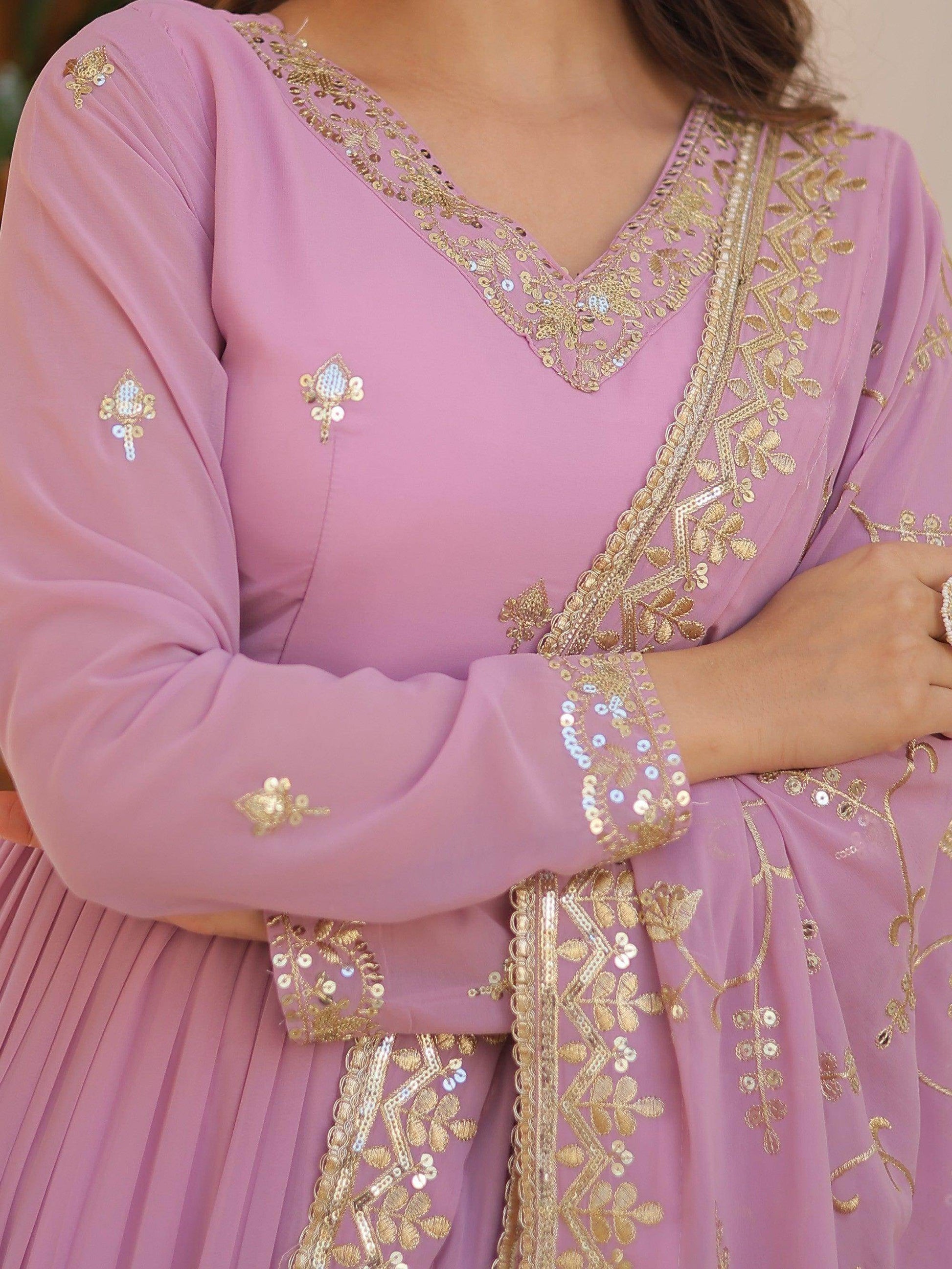 Desirable Lavender Embroidered Georgette Event Wear Gown With Dupatta - Zeel Clothing