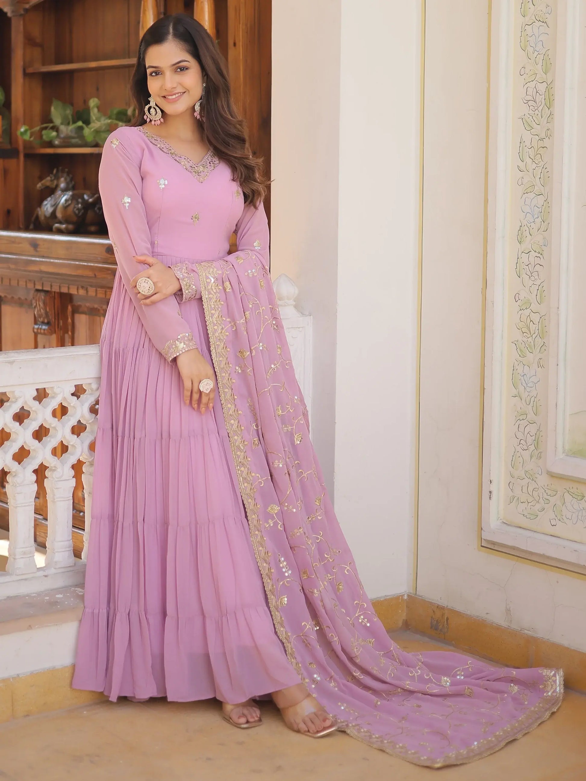 Desirable Lavender Embroidered Georgette Event Wear Gown With Dupatta - Zeel Clothing