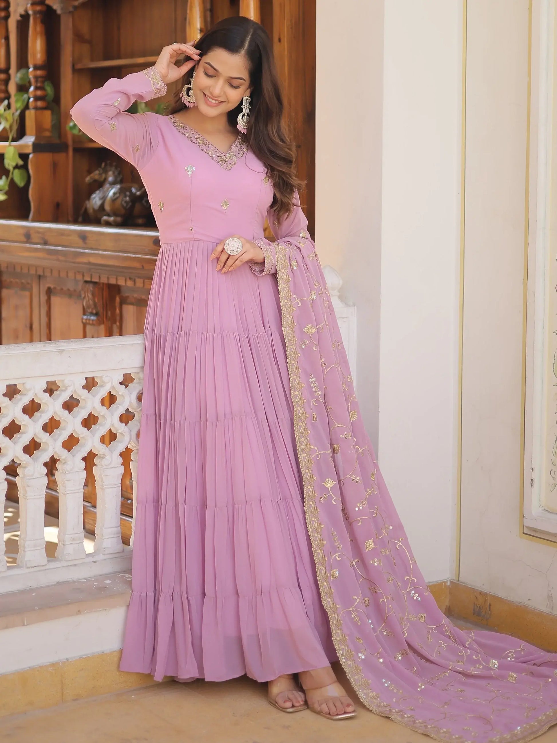 Desirable Lavender Embroidered Georgette Event Wear Gown With Dupatta - Zeel Clothing