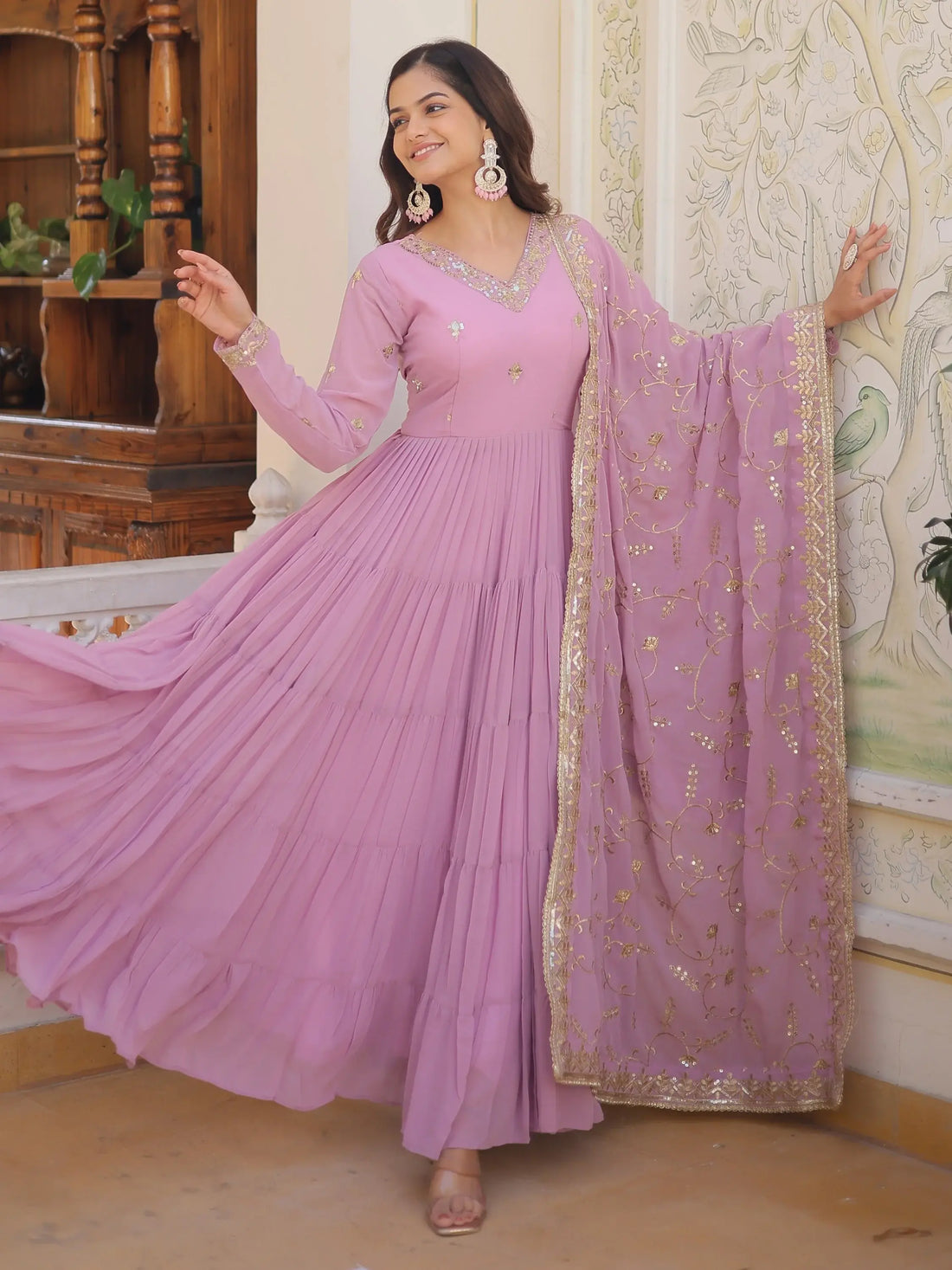 Desirable Lavender Embroidered Georgette Event Wear Gown With Dupatta - Zeel Clothing