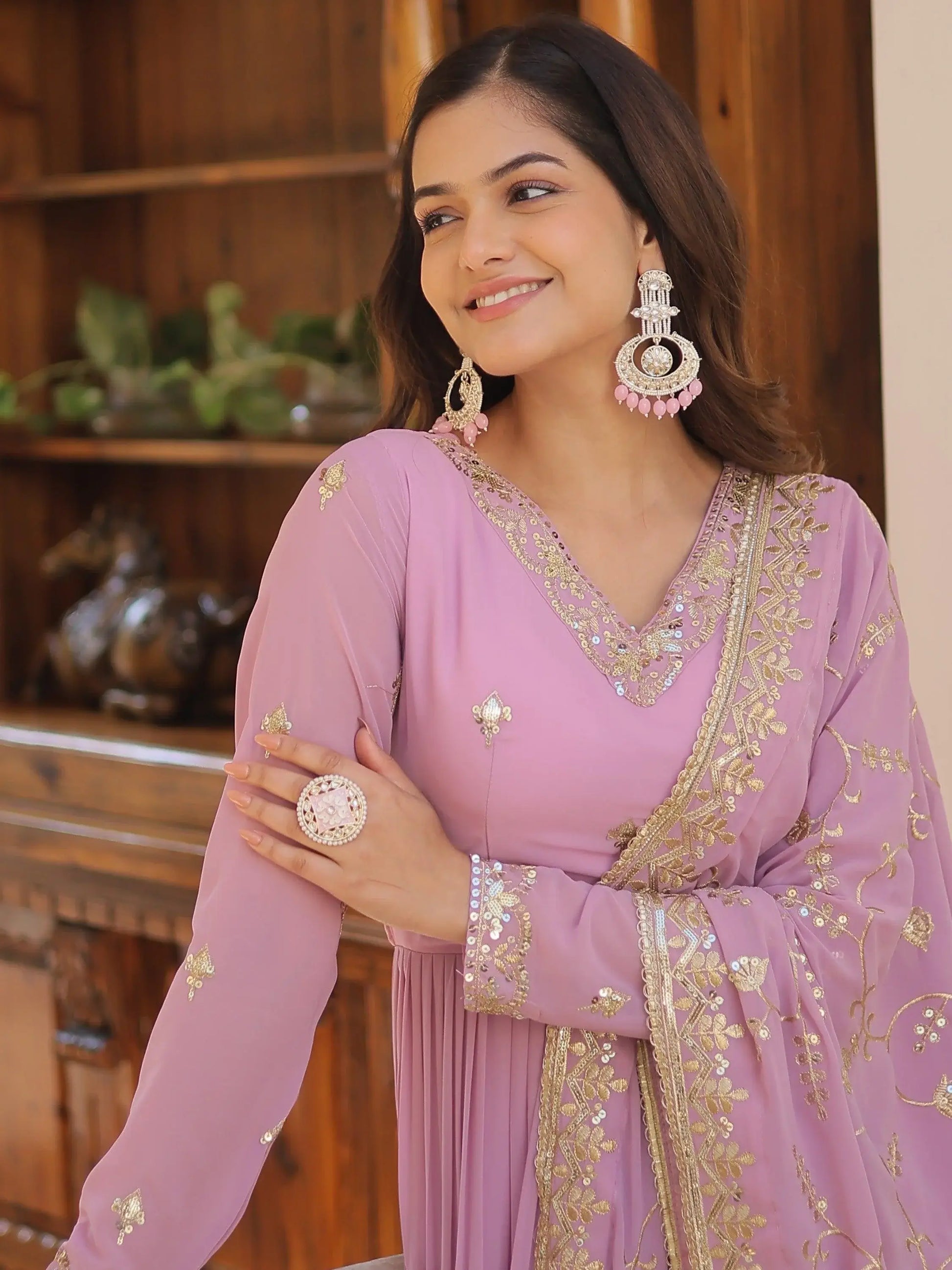Desirable Lavender Embroidered Georgette Event Wear Gown With Dupatta - Zeel Clothing