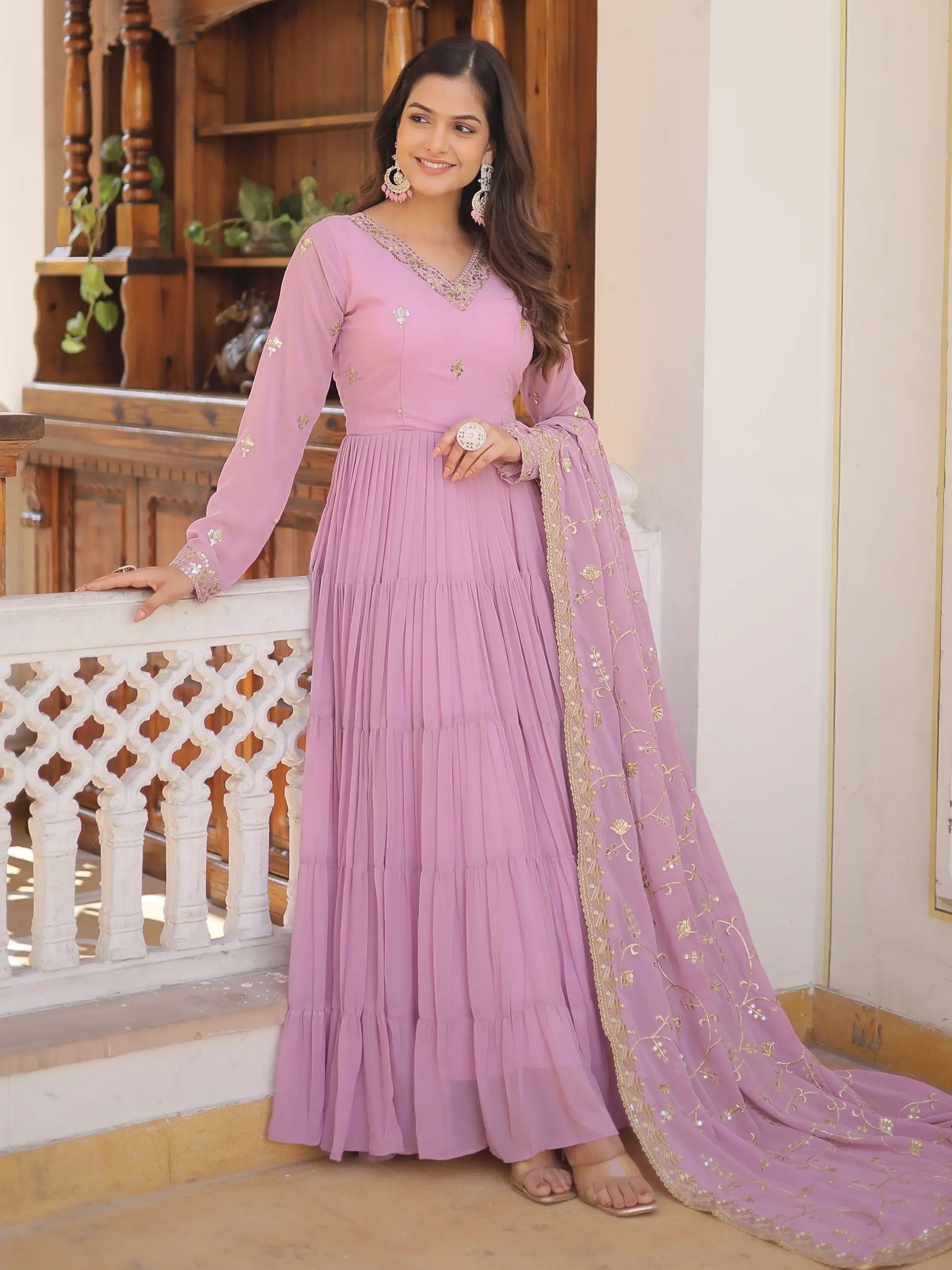 Desirable Lavender Embroidered Georgette Event Wear Gown With Dupatta - Zeel Clothing