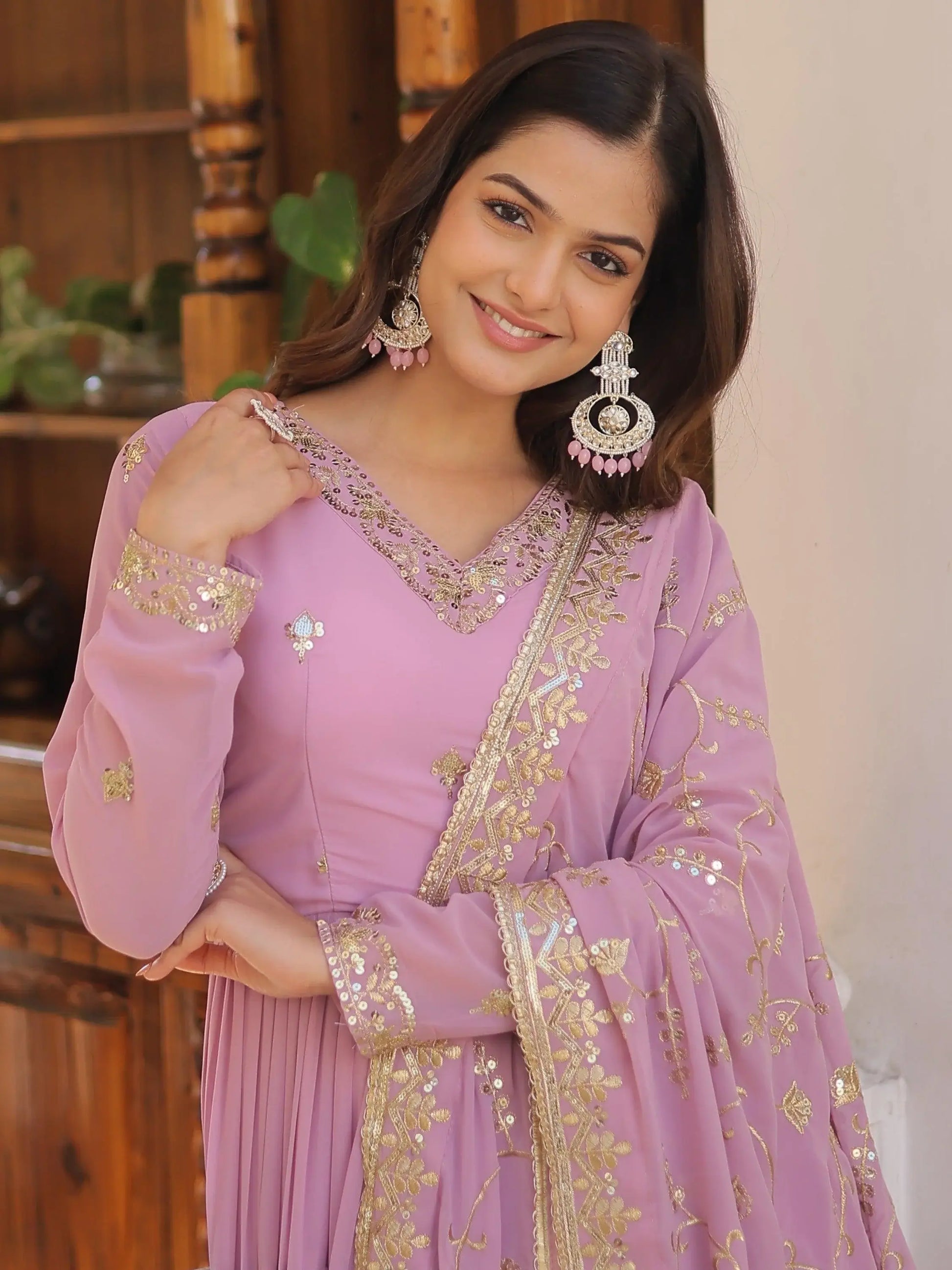 Desirable Lavender Embroidered Georgette Event Wear Gown With Dupatta - Zeel Clothing