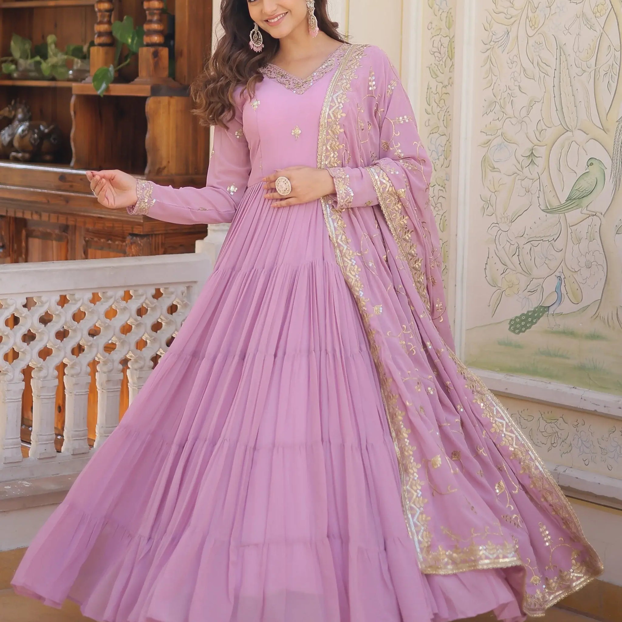 Desirable Lavender Embroidered Georgette Event Wear Gown With Dupatta - Zeel Clothing