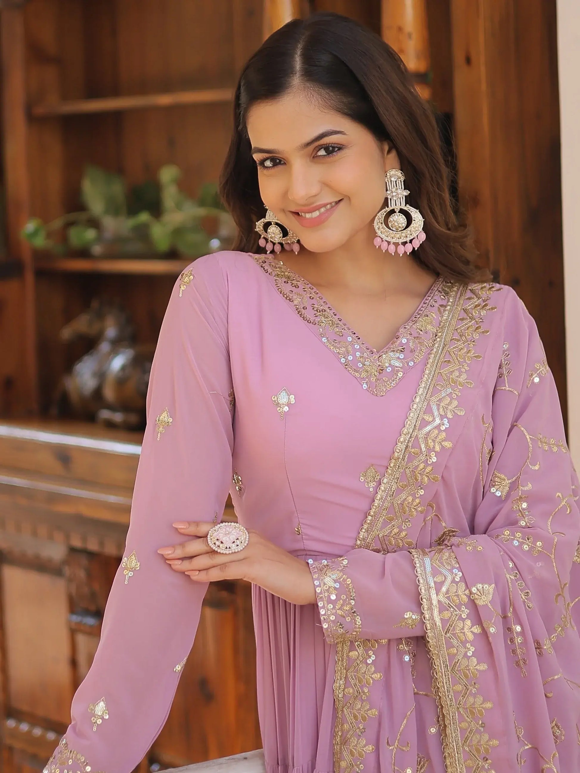 Desirable Lavender Embroidered Georgette Event Wear Gown With Dupatta - Zeel Clothing