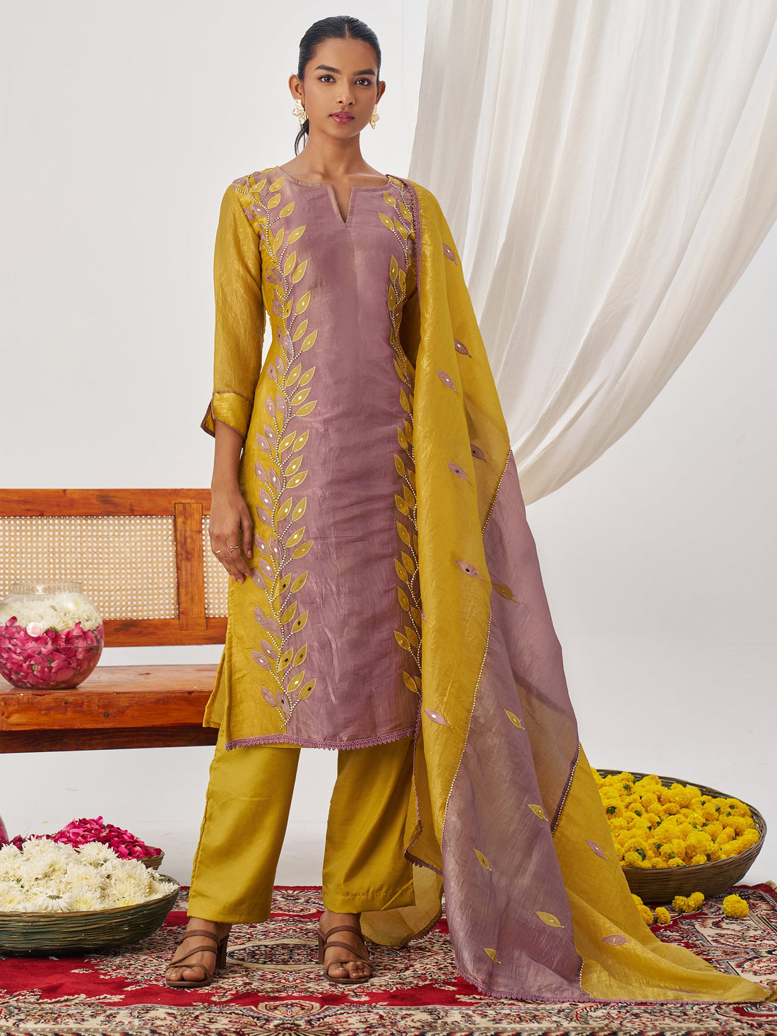 Desirable Mustard Yellow Embroidered Organza Haldi Wear Pant Suit With Dupatta
