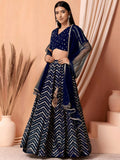 Desirable Navy Blue Embroidered Georgette Lehenga Choli With Dupatta