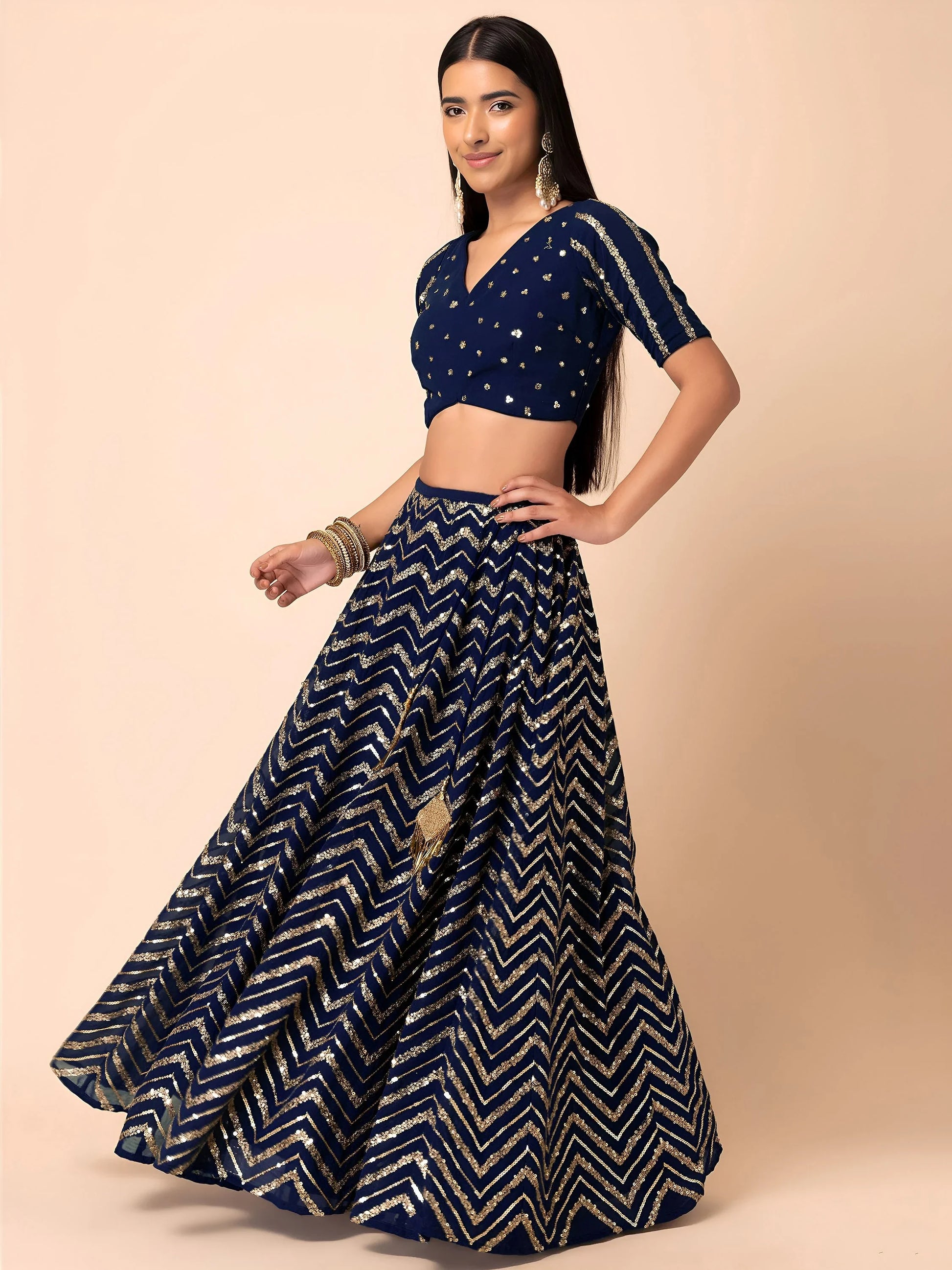 Desirable Navy Blue Embroidered Georgette Lehenga Choli With Dupatta