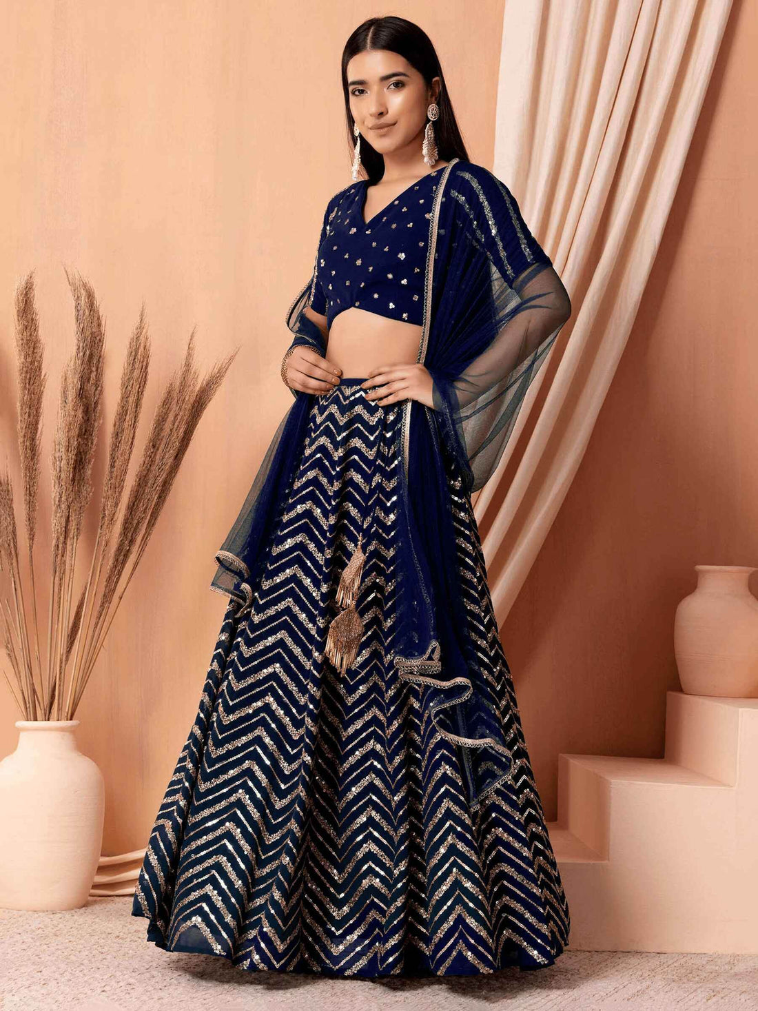Desirable Navy Blue Embroidered Georgette Lehenga Choli With Dupatta - Zeel Clothing