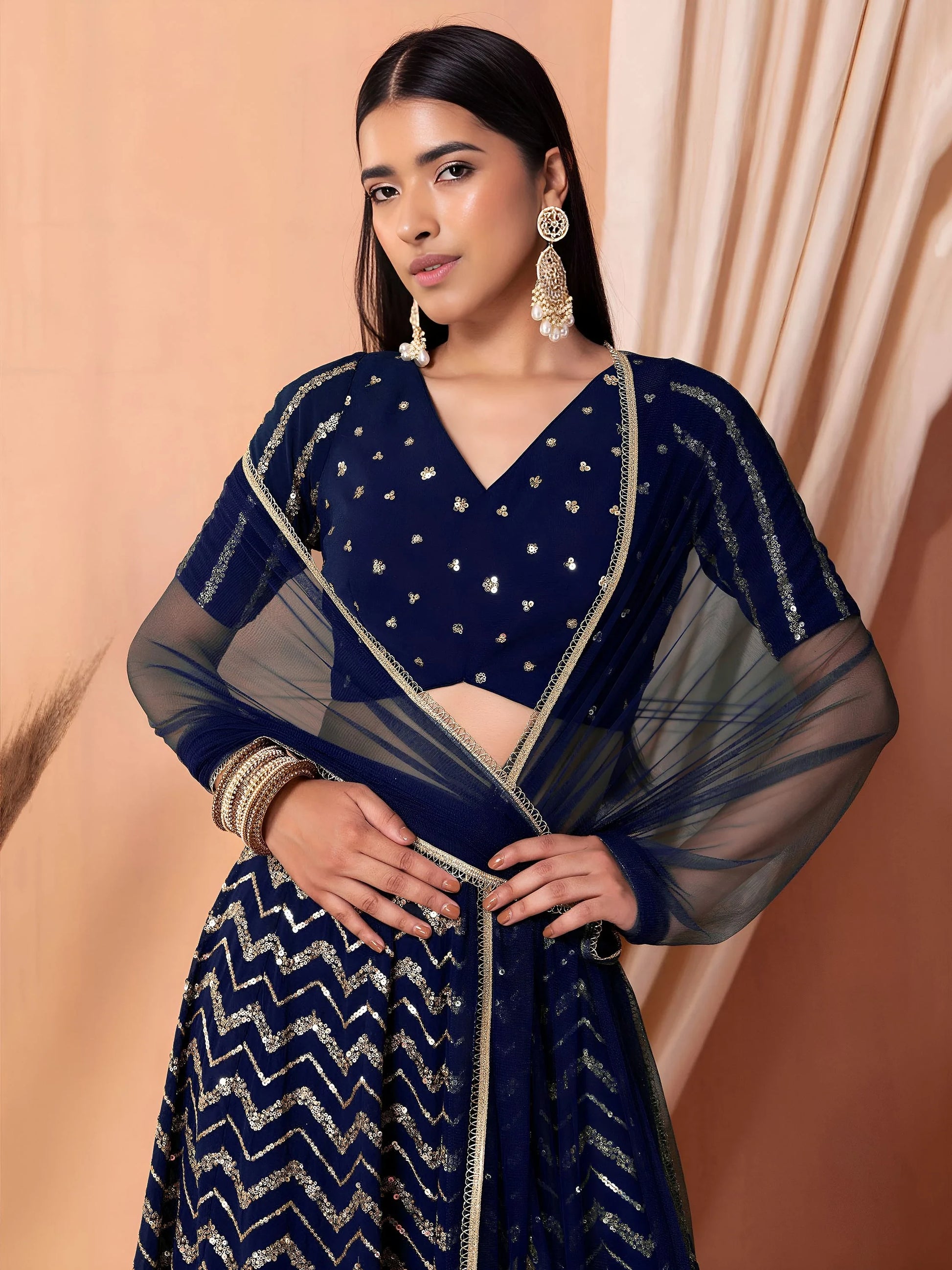 Desirable Navy Blue Embroidered Georgette Lehenga Choli With Dupatta