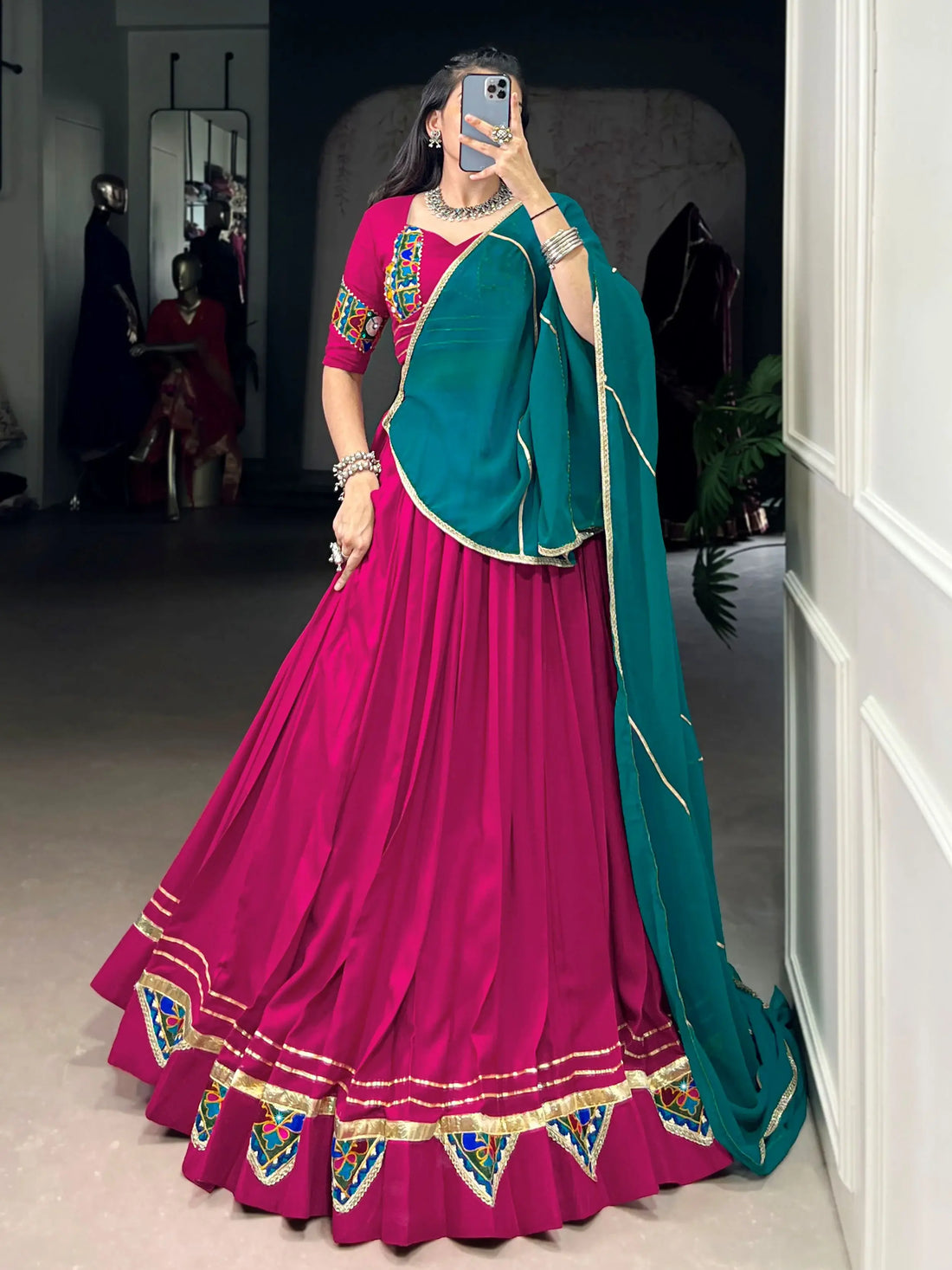 Desirable Pink Gamthi Work Rayon Navratri Special Lehenga Choli With Dupatta - Zeel Clothing