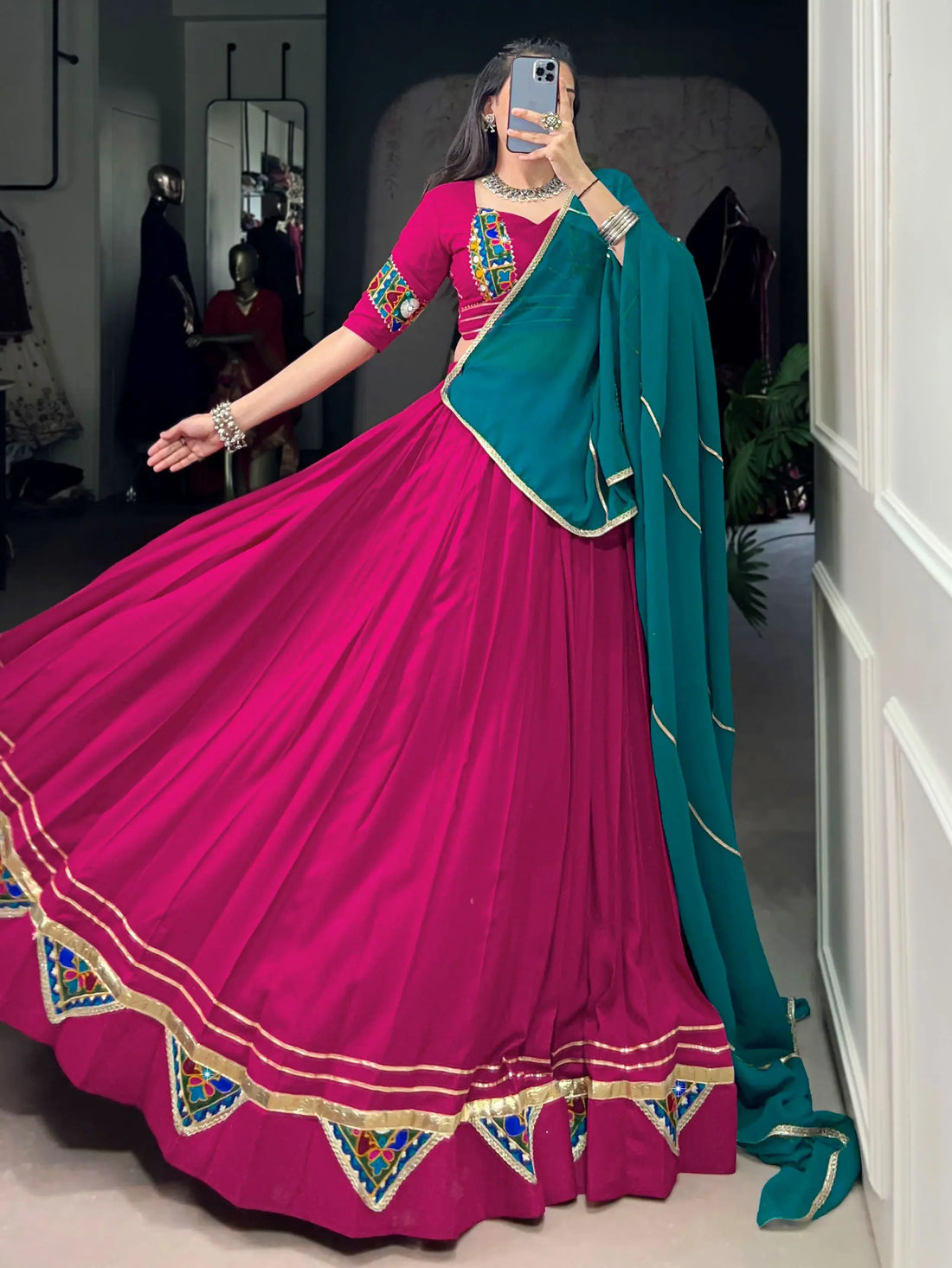 Desirable Pink Gamthi Work Rayon Navratri Special Lehenga Choli With Dupatta - Zeel Clothing
