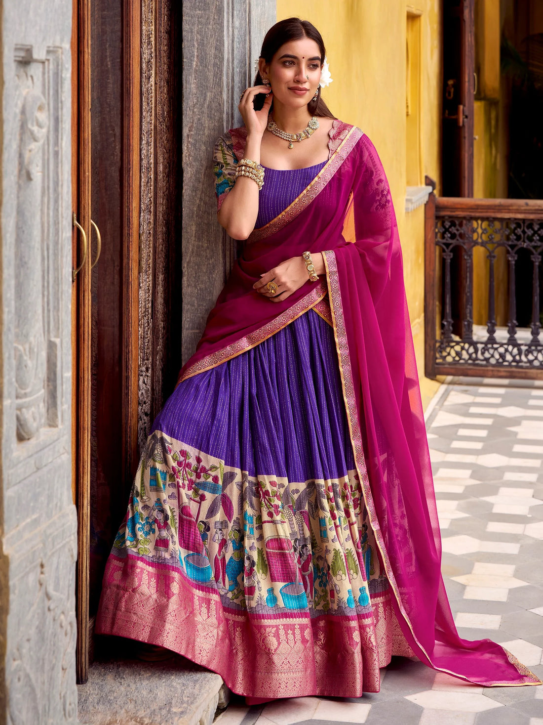 Desirable Purple Kalamkari Print Chanderi Silk Festive Wear Half Saree Lehenga