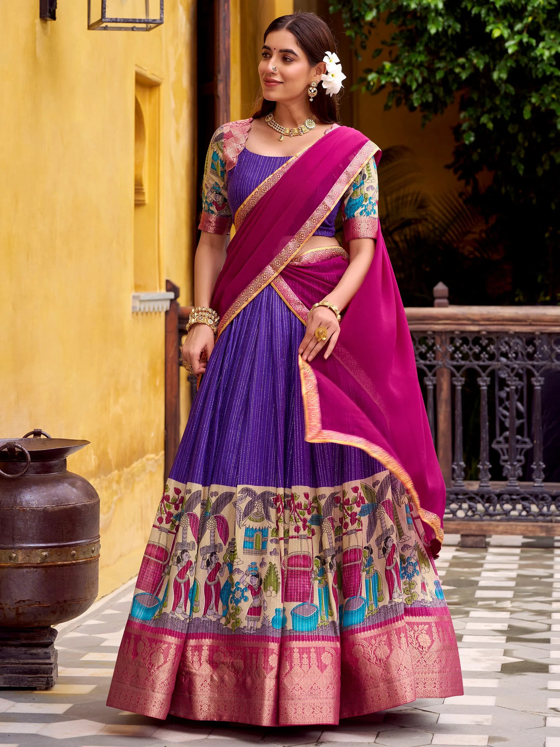 Desirable Purple Kalamkari Print Chanderi Silk Festive Wear Half Saree Lehenga