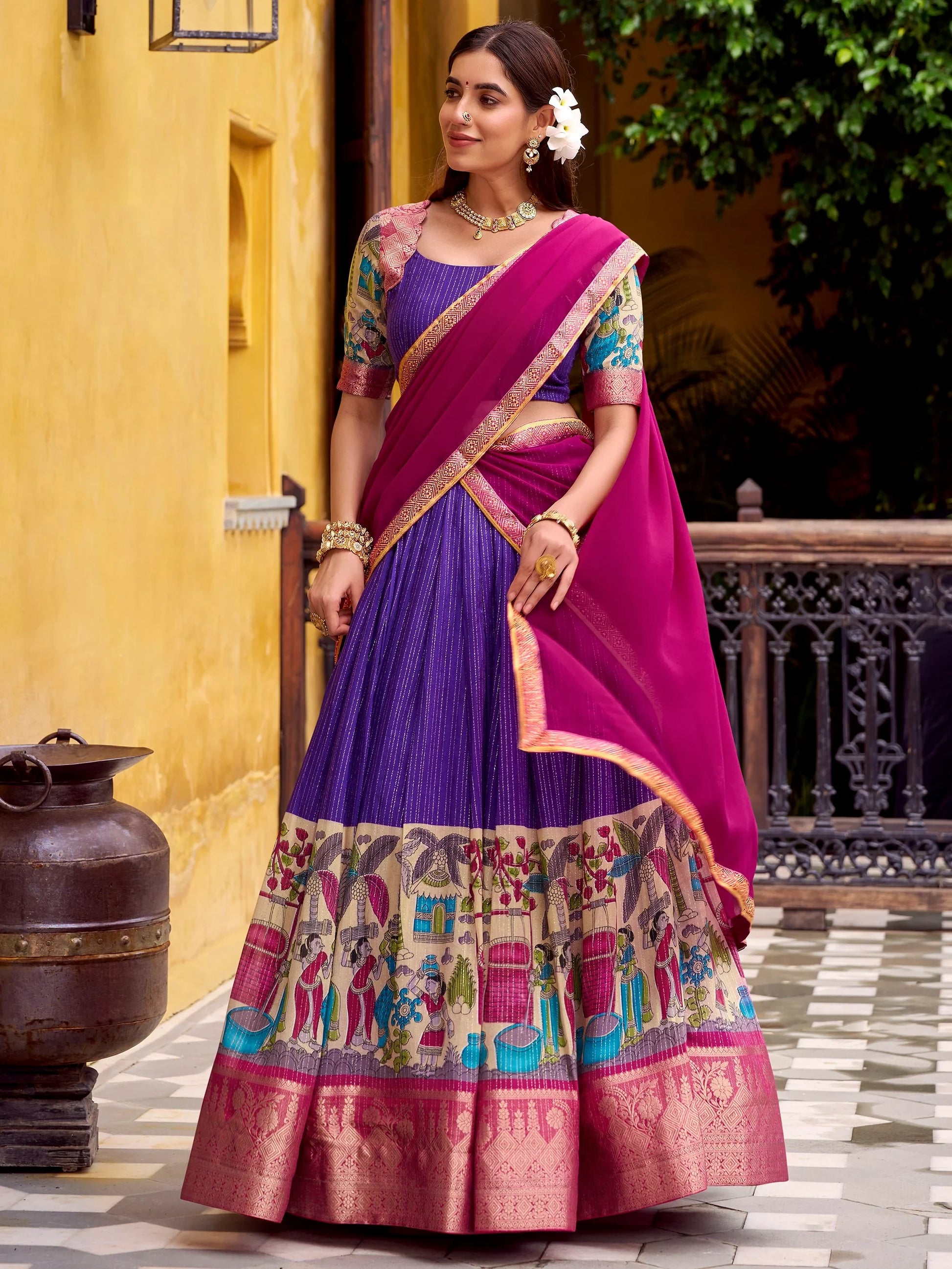 Desirable Purple Kalamkari Print Chanderi Silk Festive Wear Half Saree Lehenga