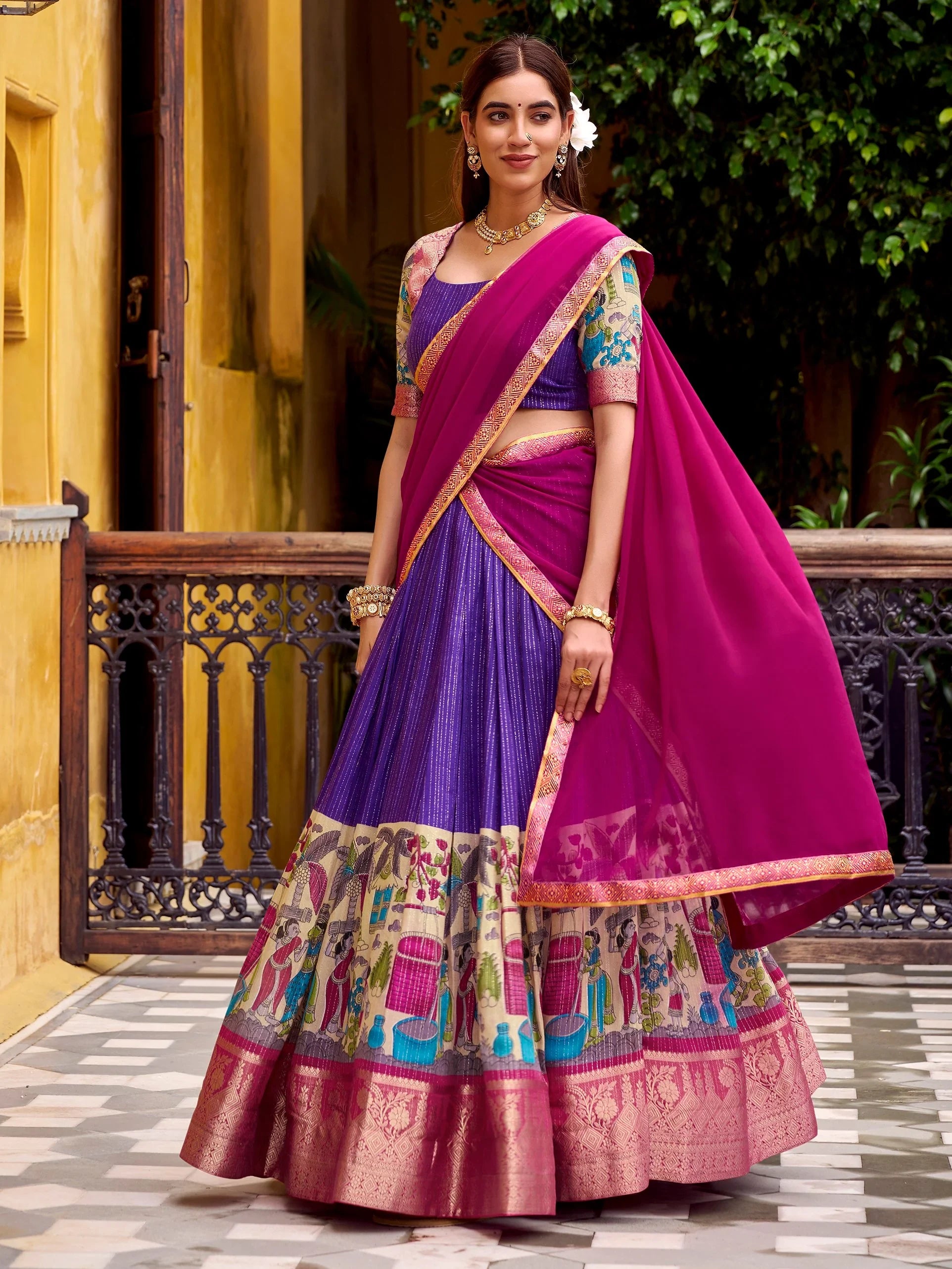 Desirable Purple Kalamkari Print Chanderi Silk Festive Wear Half Saree Lehenga