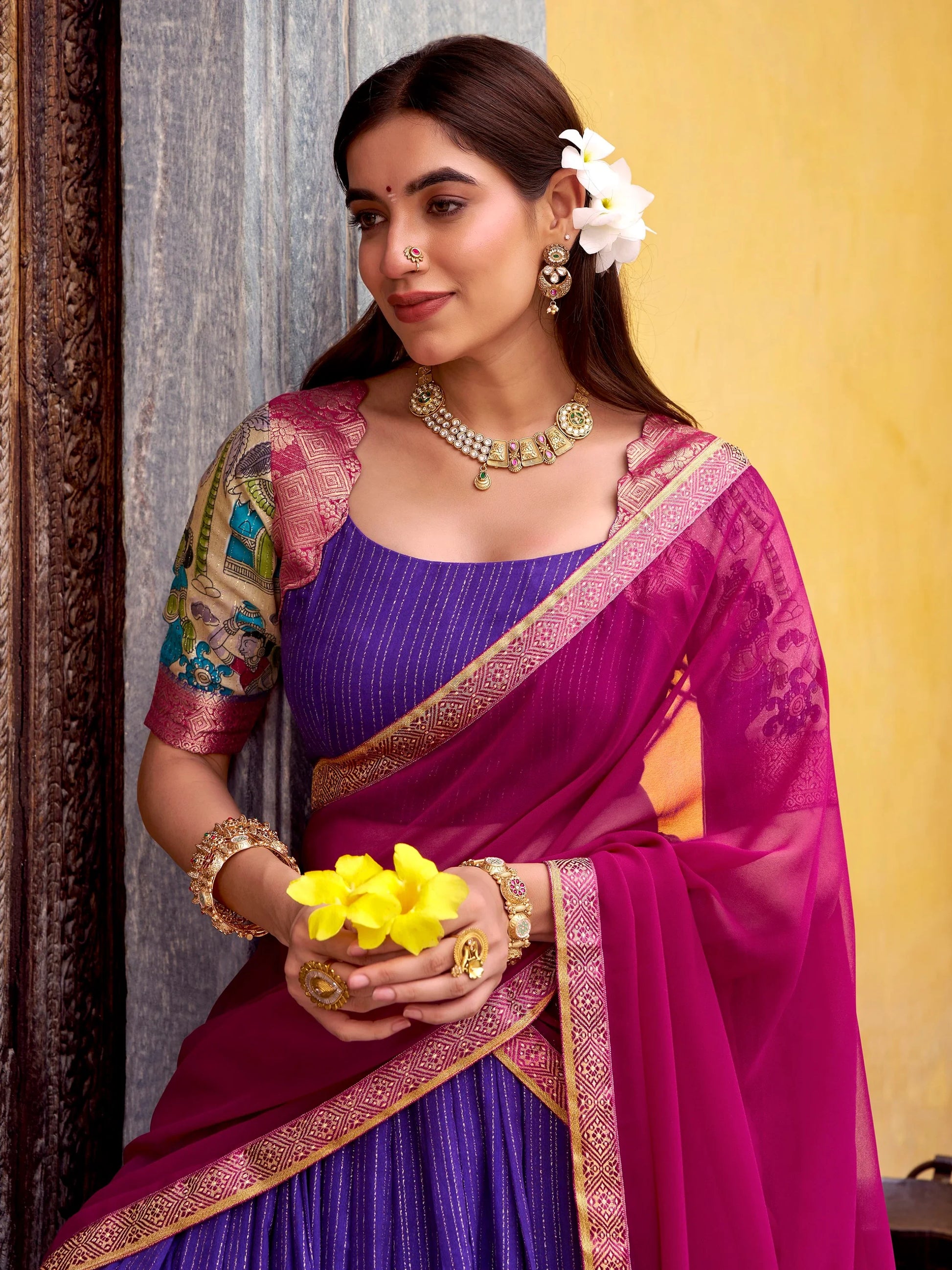 Desirable Purple Kalamkari Print Chanderi Silk Festive Wear Half Saree Lehenga