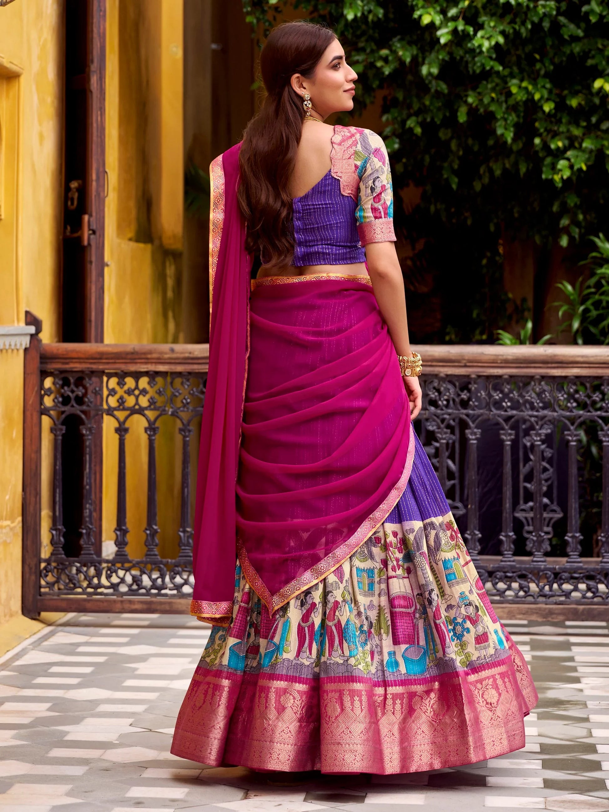 Desirable Purple Kalamkari Print Chanderi Silk Festive Wear Half Saree Lehenga