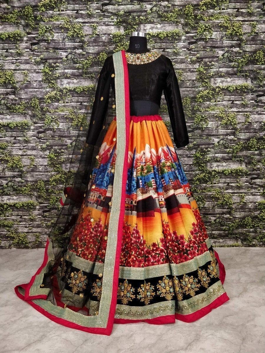 Desiring Black Colored Party Wear Designer Embroidered Art Silk Lehenga Choli