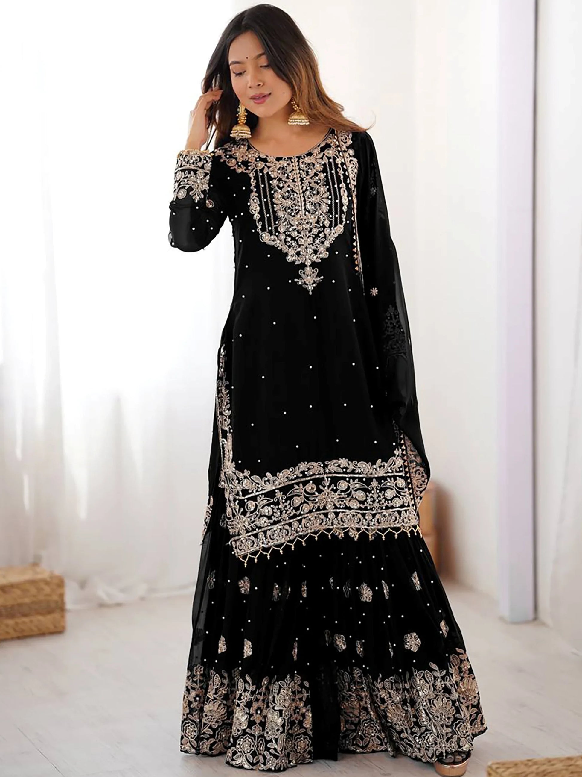Dreamy Black Dori Embroidery Georgette Festival Wear Sharara Suit