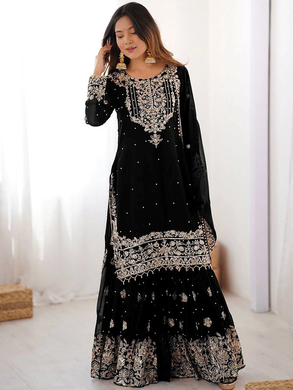 Dreamy Black Dori Embroidery Georgette Festival Wear Sharara Suit