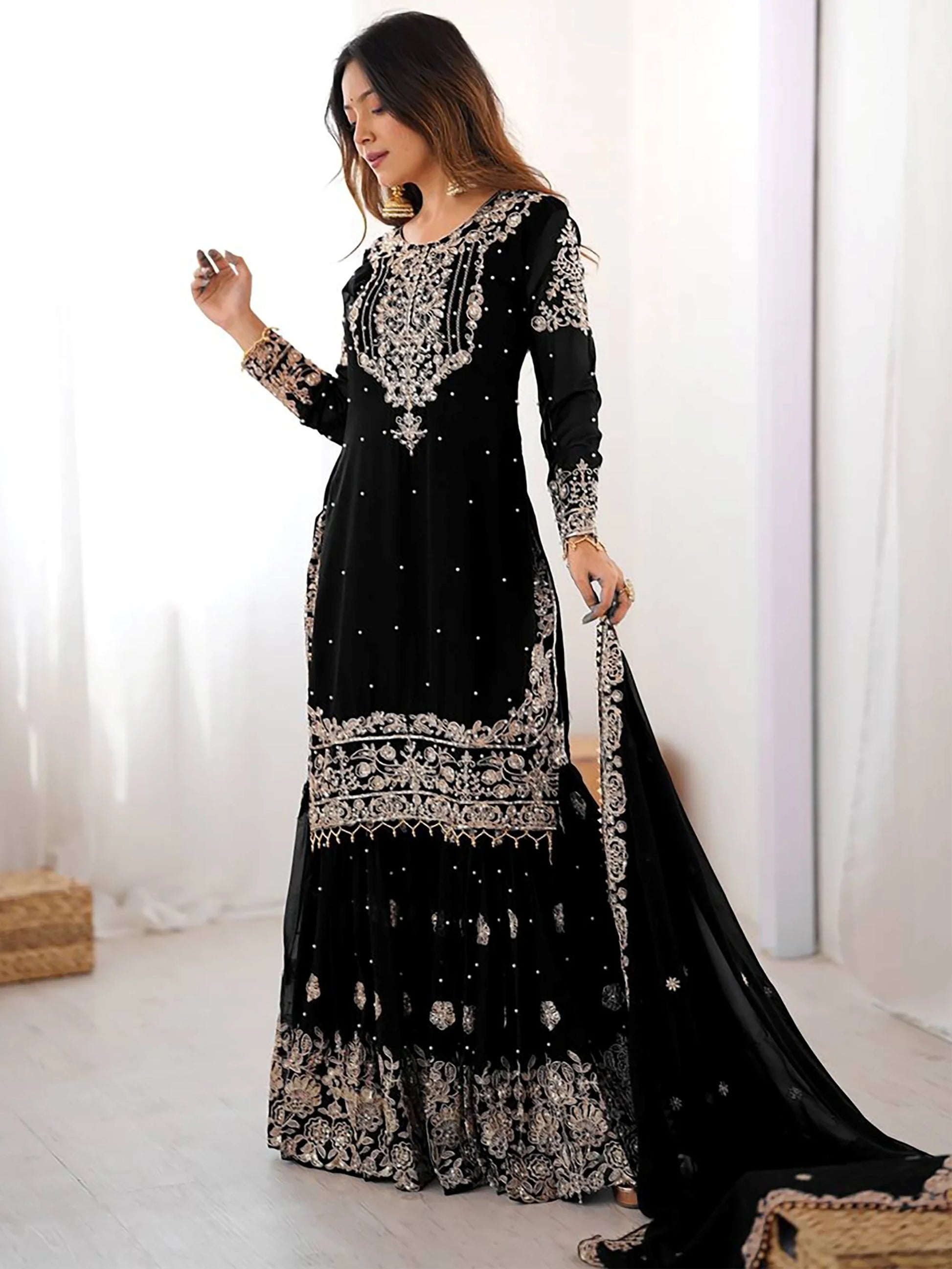 Dreamy Black Dori Embroidery Georgette Festival Wear Sharara Suit