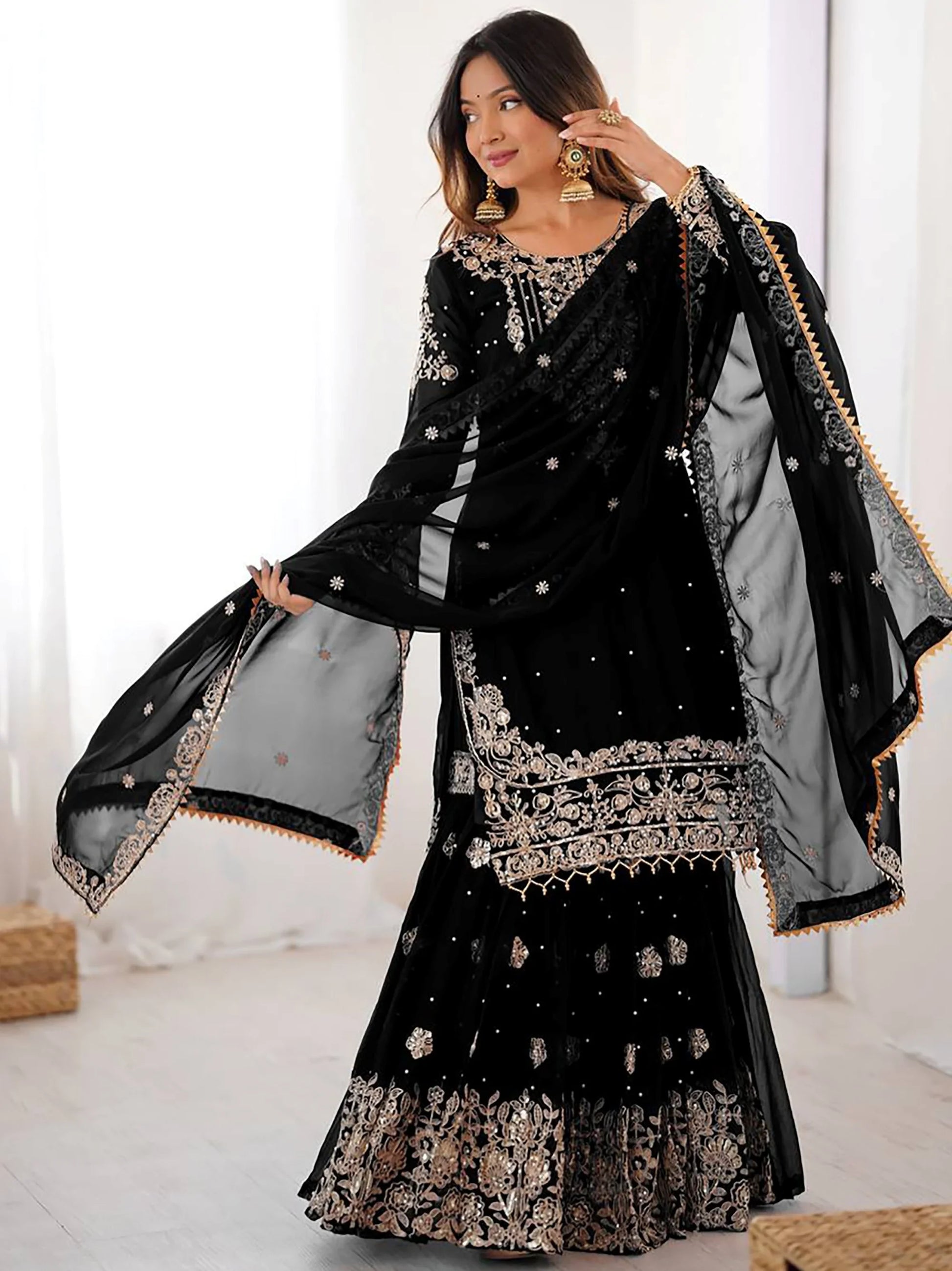 Dreamy Black Dori Embroidery Georgette Festival Wear Sharara Suit