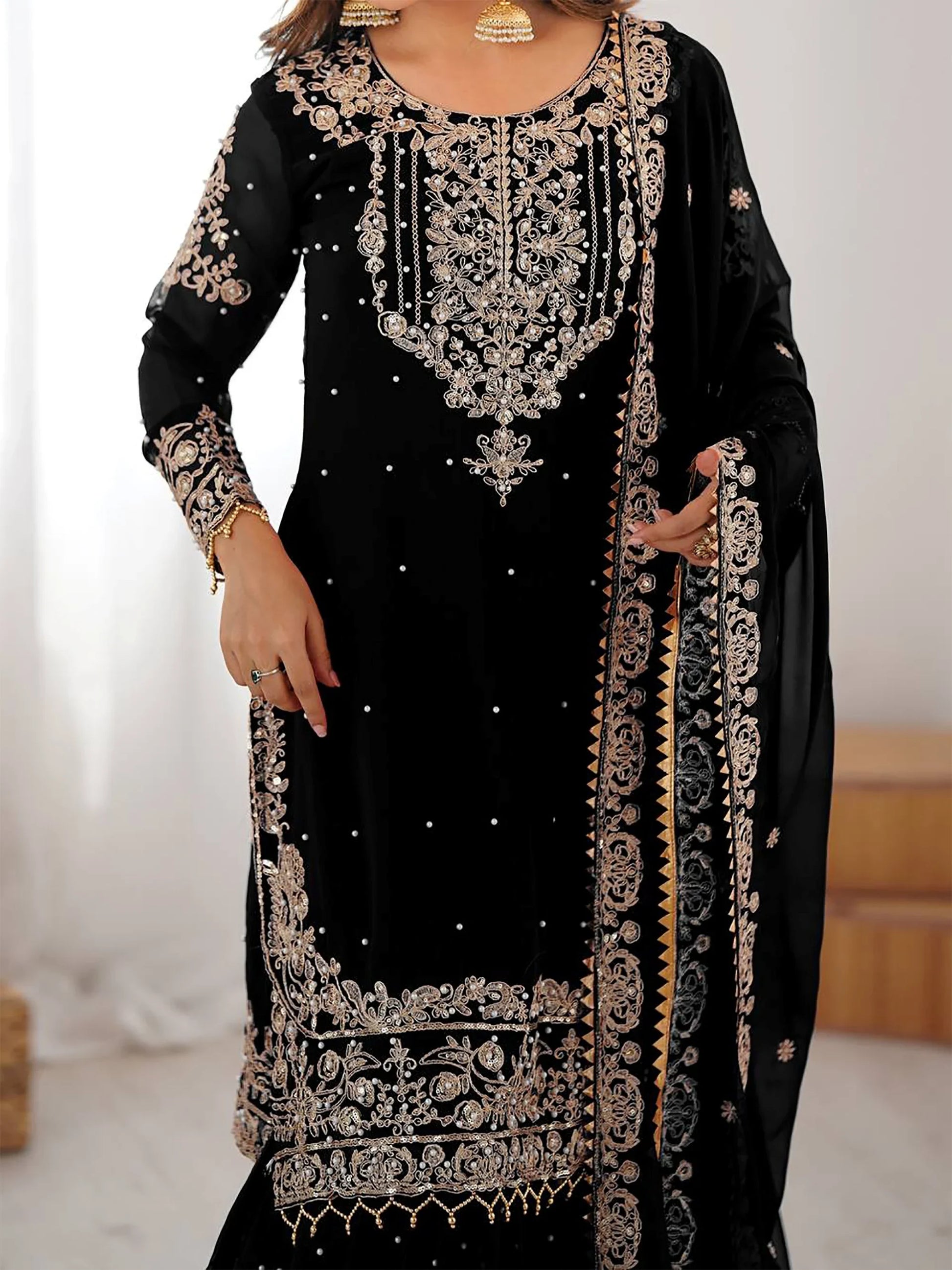 Dreamy Black Dori Embroidery Georgette Festival Wear Sharara Suit