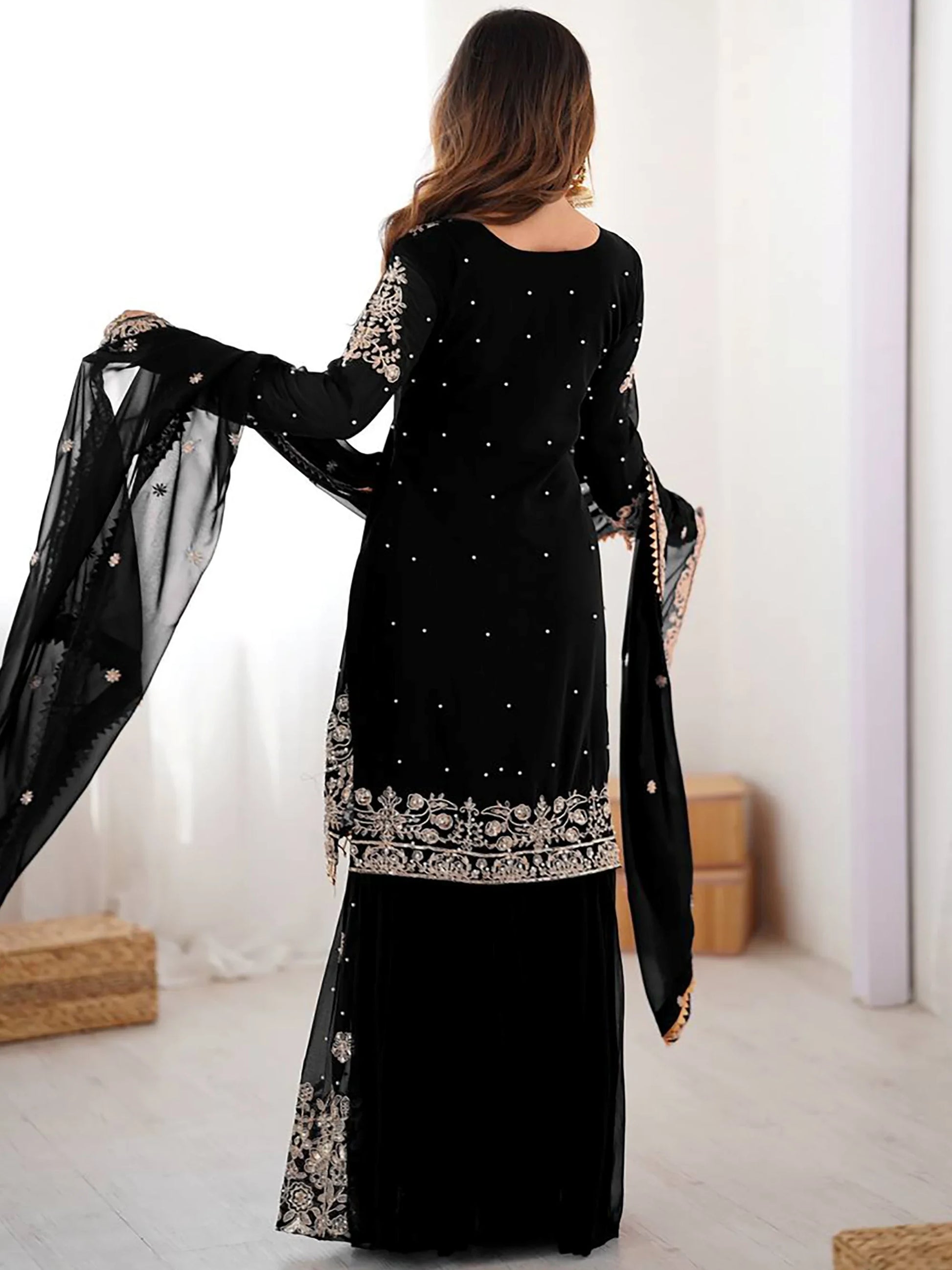 Dreamy Black Dori Embroidery Georgette Festival Wear Sharara Suit
