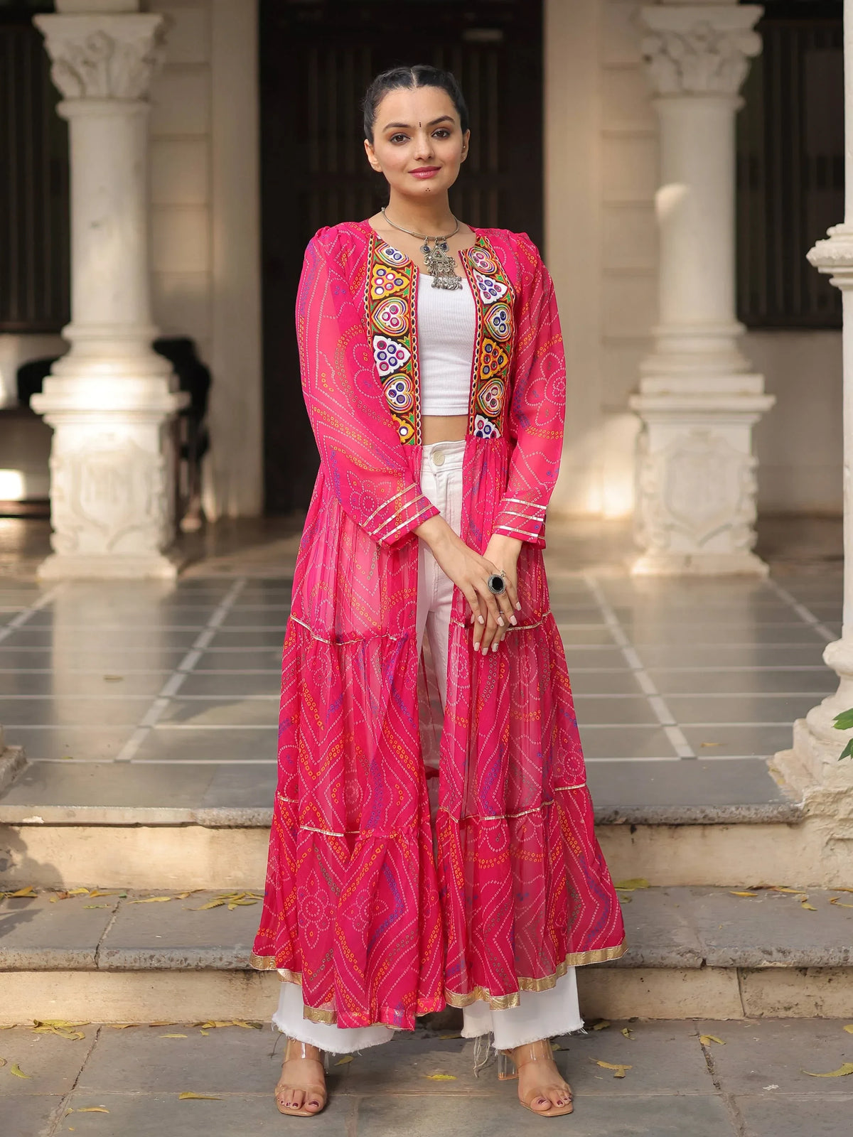 Dreamy Hot Pink Bandhani Printed Georgette Festive Special Shrug