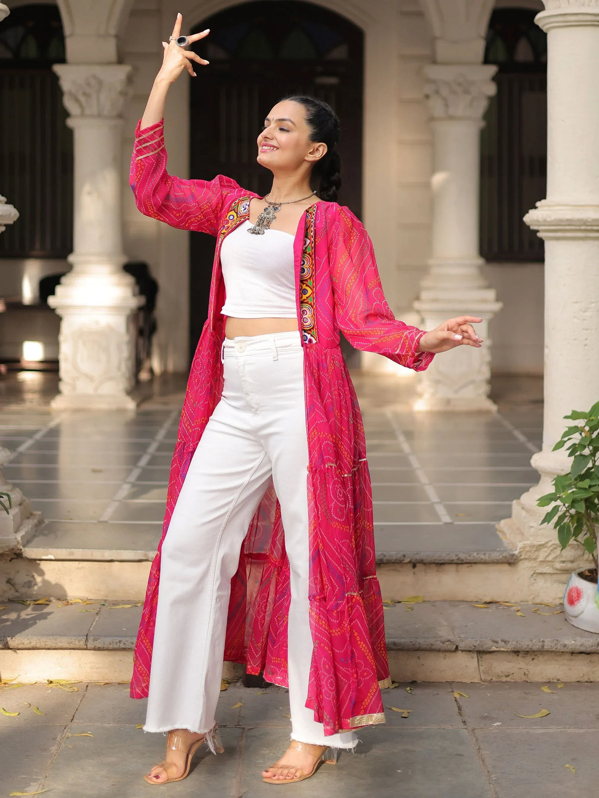 Dreamy Hot Pink Bandhani Printed Georgette Festive Special Shrug