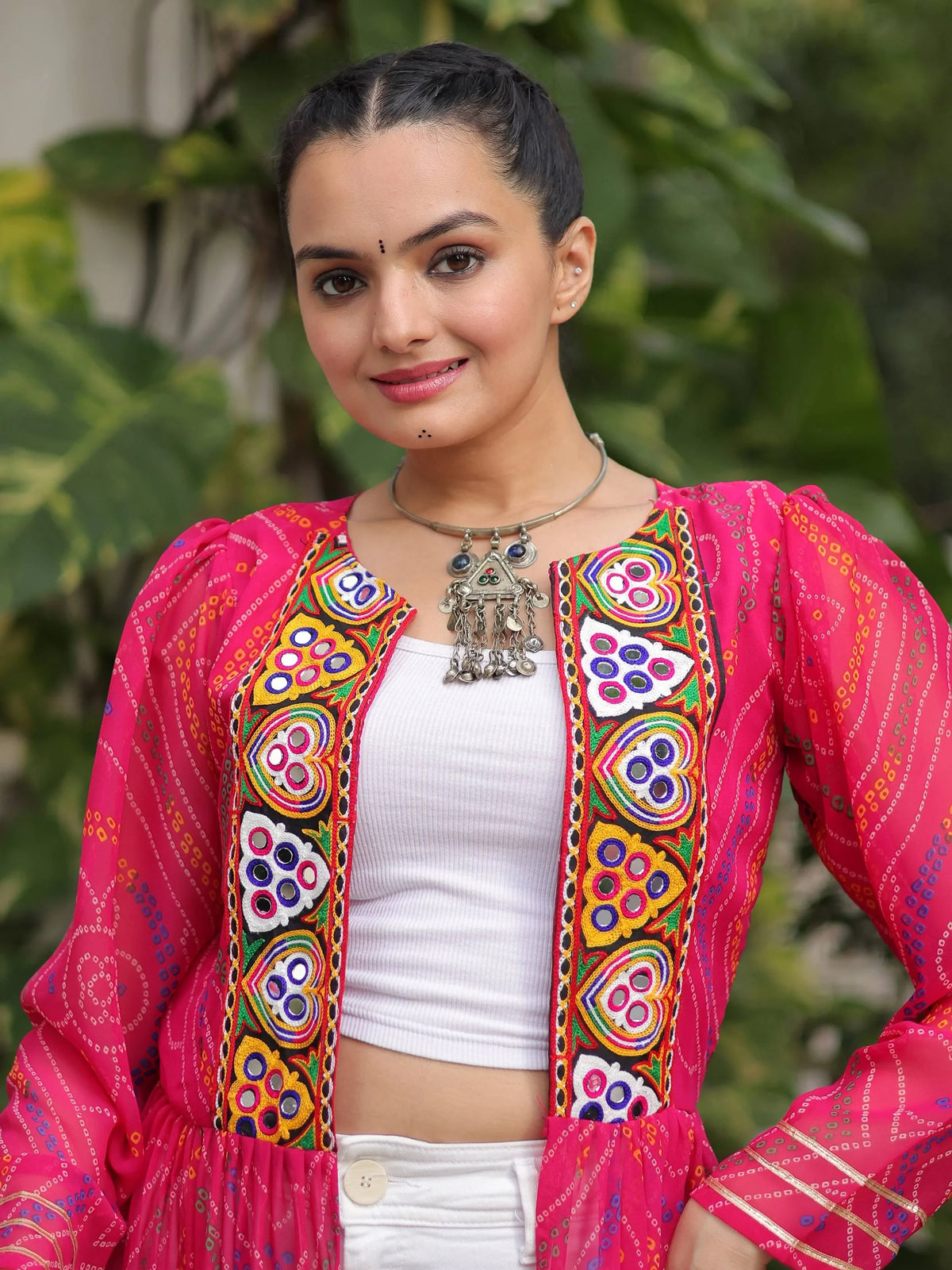 Dreamy Hot Pink Bandhani Printed Georgette Festive Special Shrug